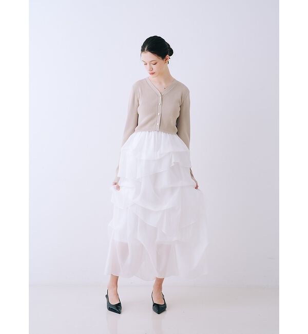 SELFIST「【kariさんコラボ】カーディガン&times;ニットドッキングチュールワンピースセット【予」|ワンピース|ベージュ