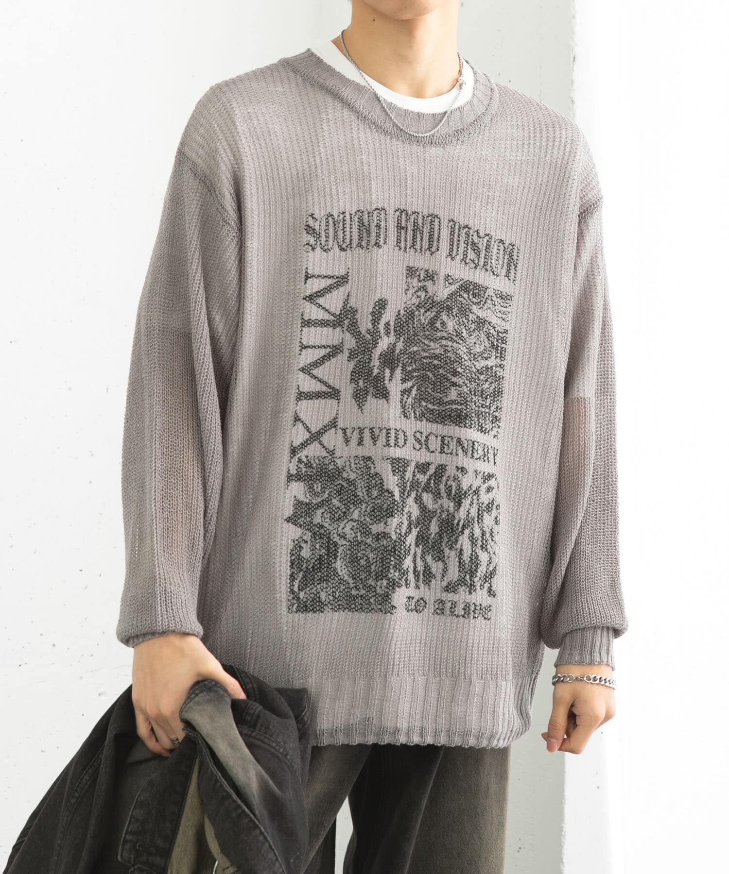 SENSE OF PLACE by URBAN RESEARCH「『洗濯可』グラフィックプリントシアーニット」|ニット・セーター|グレー