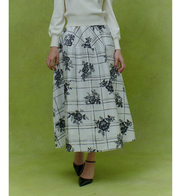 LOULOU WILLOUGHBY「【LOULOU WILLOUGHBY】SILK COフラワーチェックスカート」|フレア|