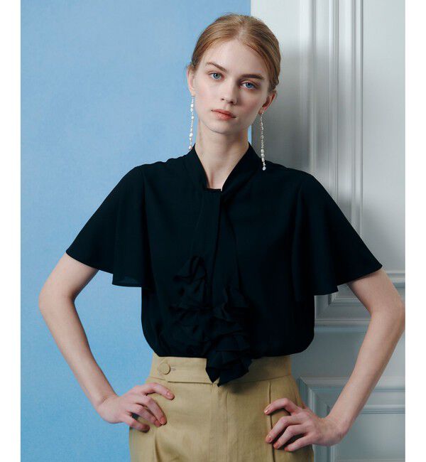 LOULOU WILLOUGHBY「【LOULOU WILLOUGHBY】ペタルフリルフレアスリーブブラウス」|シャツ・ブラウス|ブラック