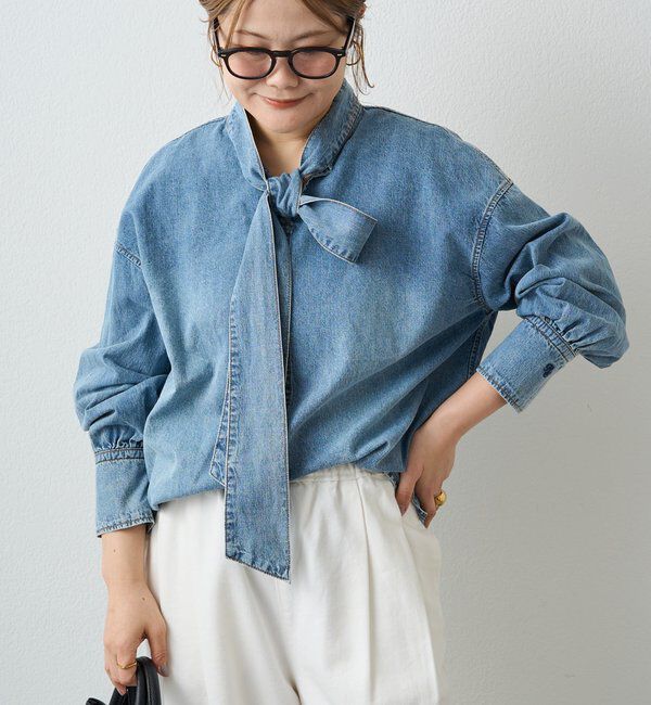  「デニムリボンタイブラウス」|プルオーバー|インディゴブルー
