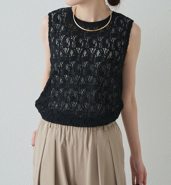  「ストレッチレースノースリーブTシャツ」|キャミソール|ブラック