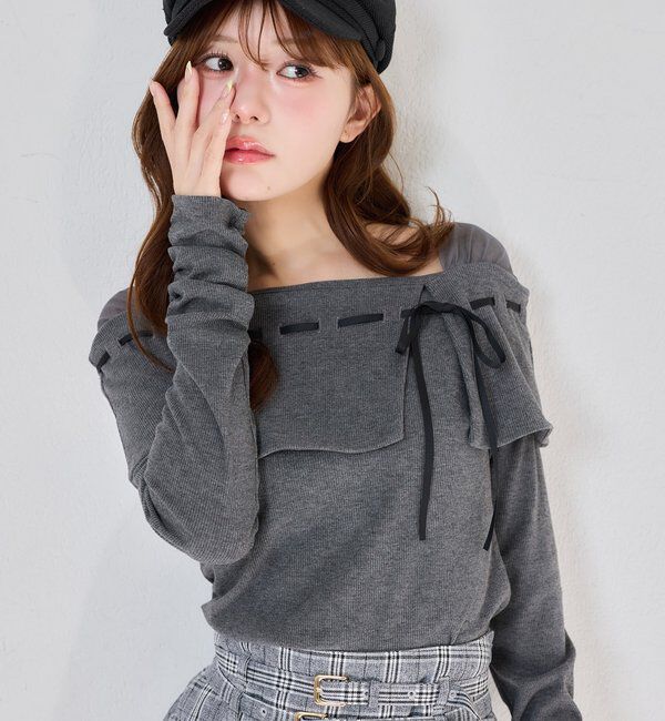  「配色リボンオフショルトップス」|プルオーバー|チャコールグレー