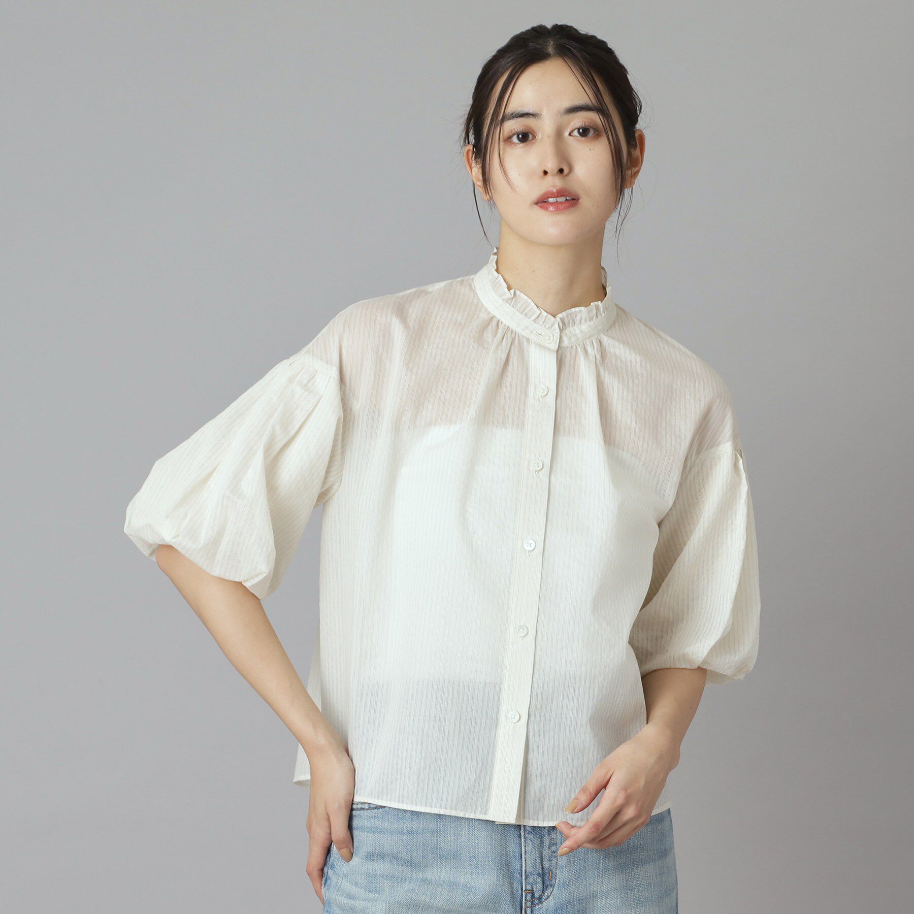 DRESSTERIOR「【1枚で着映え/ウォッシャブル】ストライプスタンドフリルボリュームスリーブブラウス」|シャツ・ブラウス|