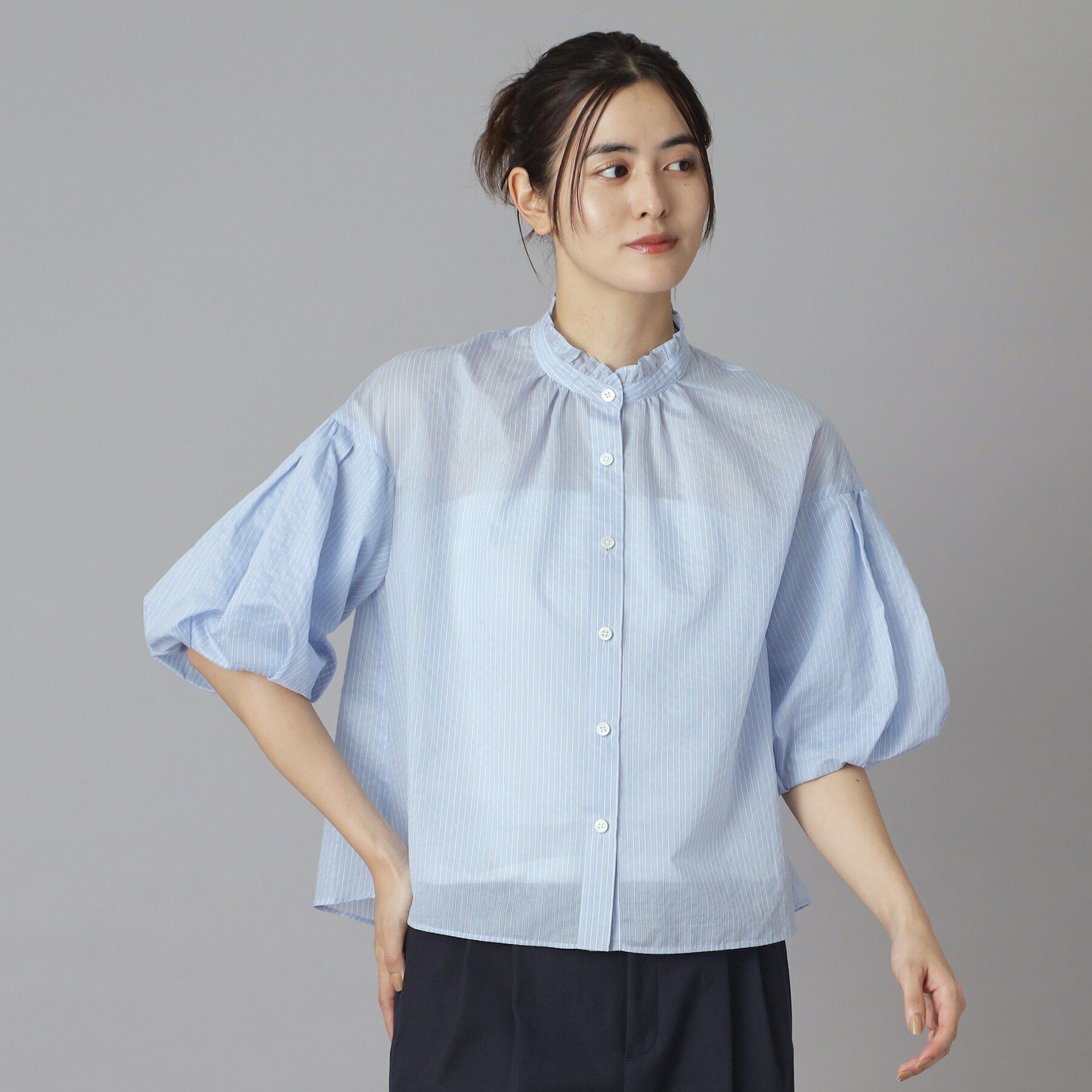 DRESSTERIOR「【1枚で着映え/ウォッシャブル】ストライプスタンドフリルボリュームスリーブブラウス」|シャツ・ブラウス|