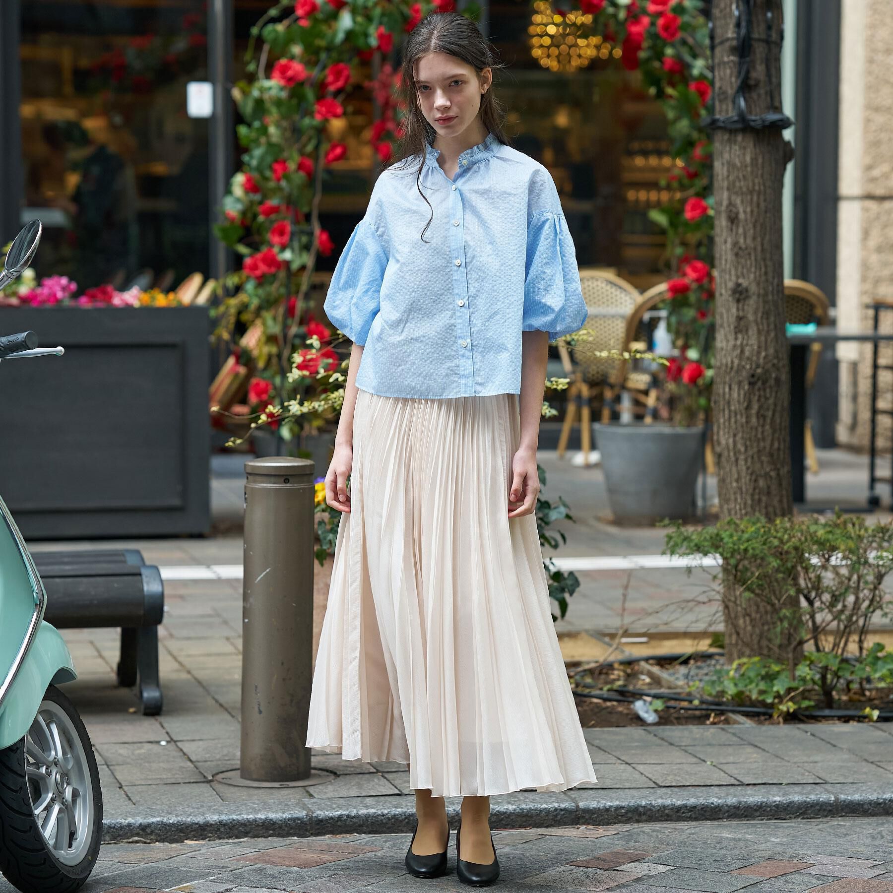 DRESSTERIOR「【1枚で着映え/ウォッシャブル】ストライプスタンドフリルボリュームスリーブブラウス」|シャツ・ブラウス|