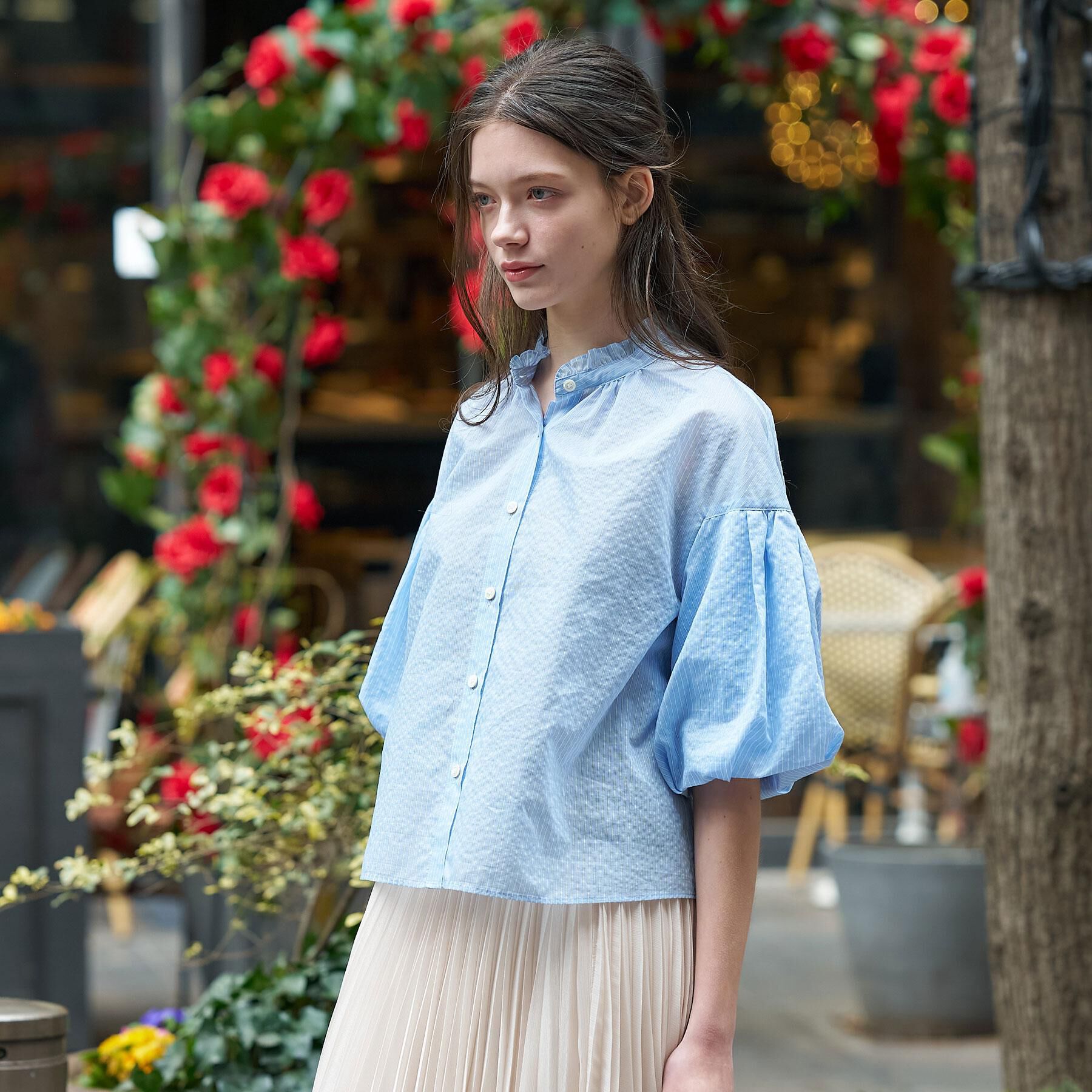 DRESSTERIOR「【1枚で着映え/ウォッシャブル】ストライプスタンドフリルボリュームスリーブブラウス」|シャツ・ブラウス|