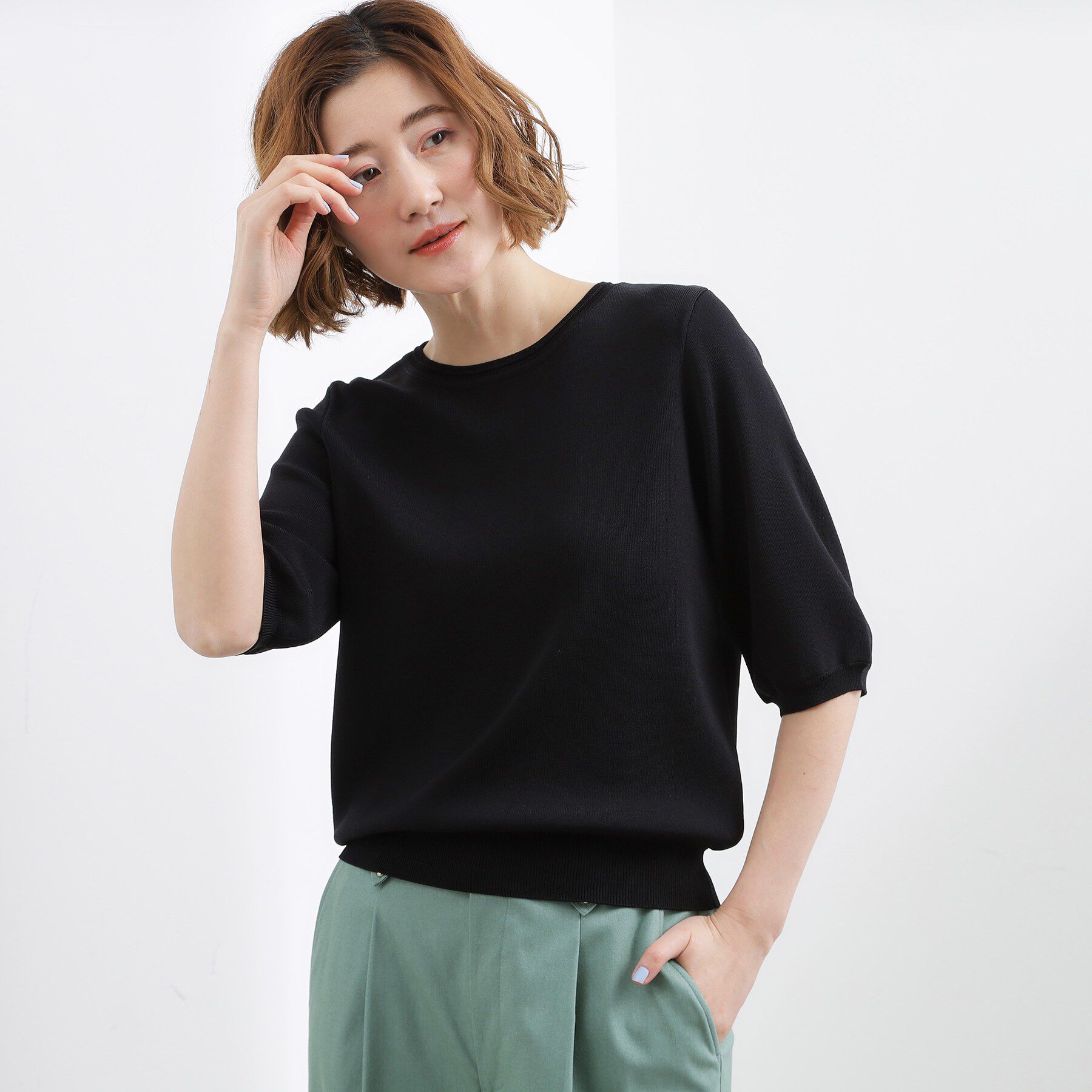 grove「【貴島明日香さん着用・シリーズ累計34万枚】やわらかドライタッチ 五分袖クルーネックニット」|ニット・セーター|