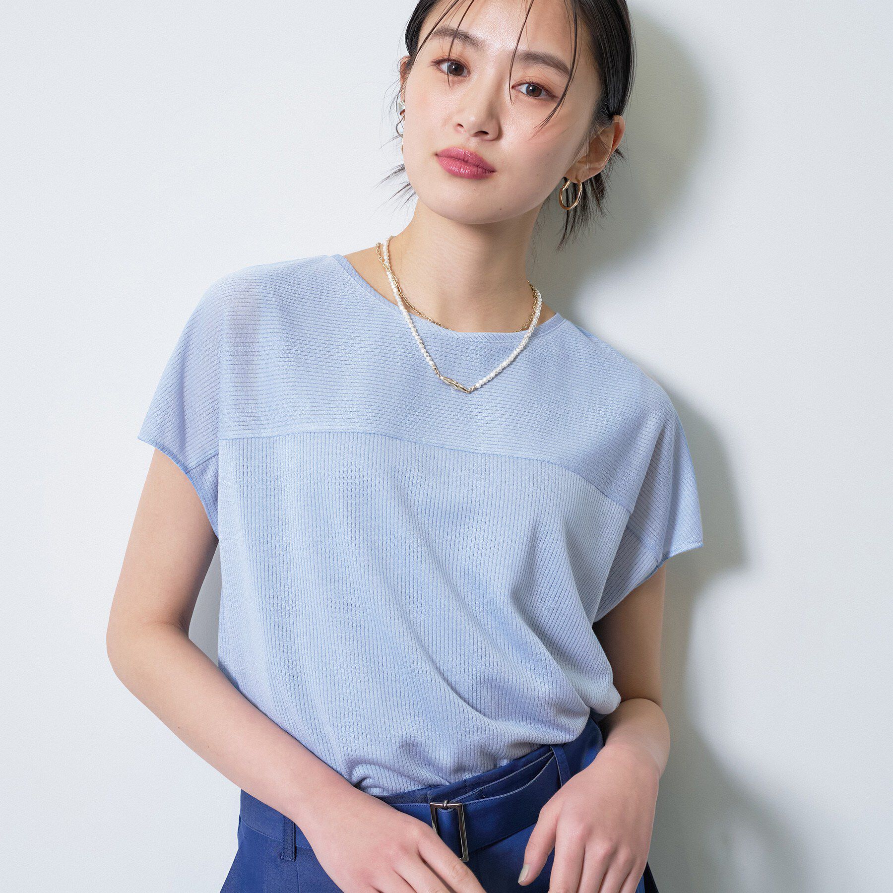 INDIVI「【洗える／アンサンブル可能】シアースストライプトップス」|Tシャツ・カットソー|ブルー(091)