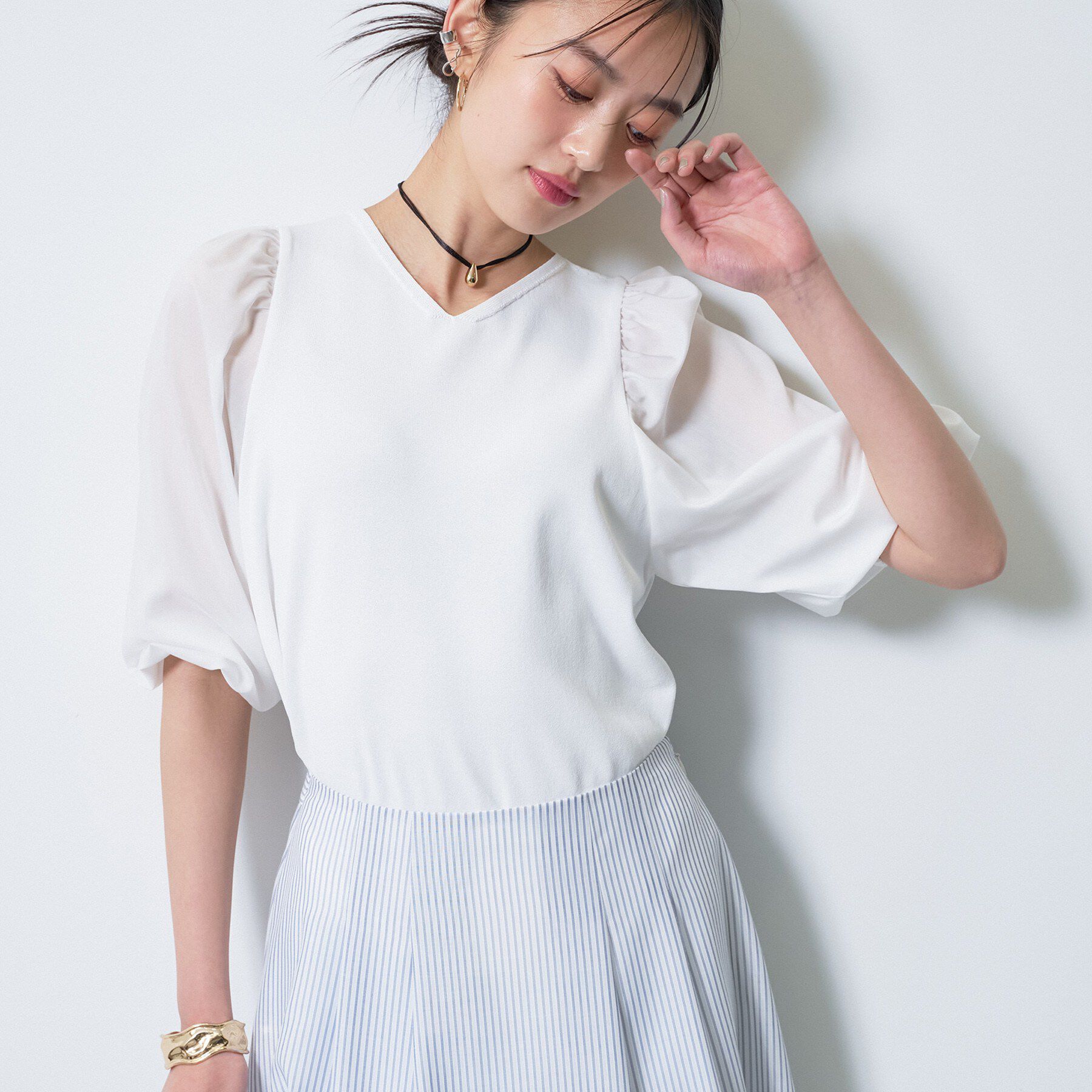 INDIVI「【洗える／袖丈調整可能】シャツコンビニット」|ニット・セーター|ホワイト(001)