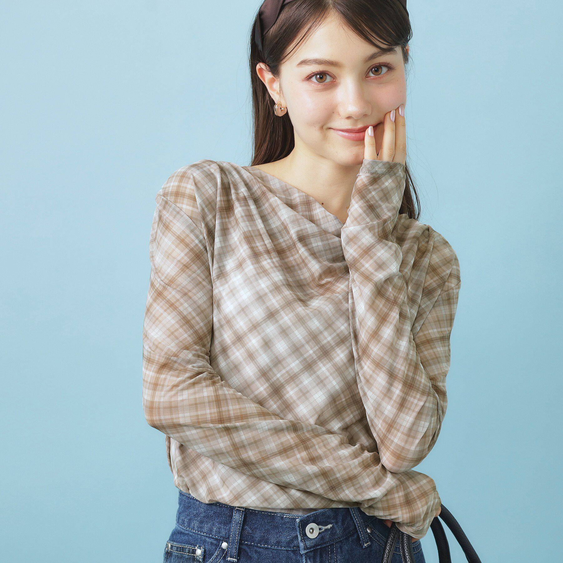 index「シアーチェックドレープネックトップス【洗濯機OK】」|Tシャツ・カットソー|ベージュ(252)