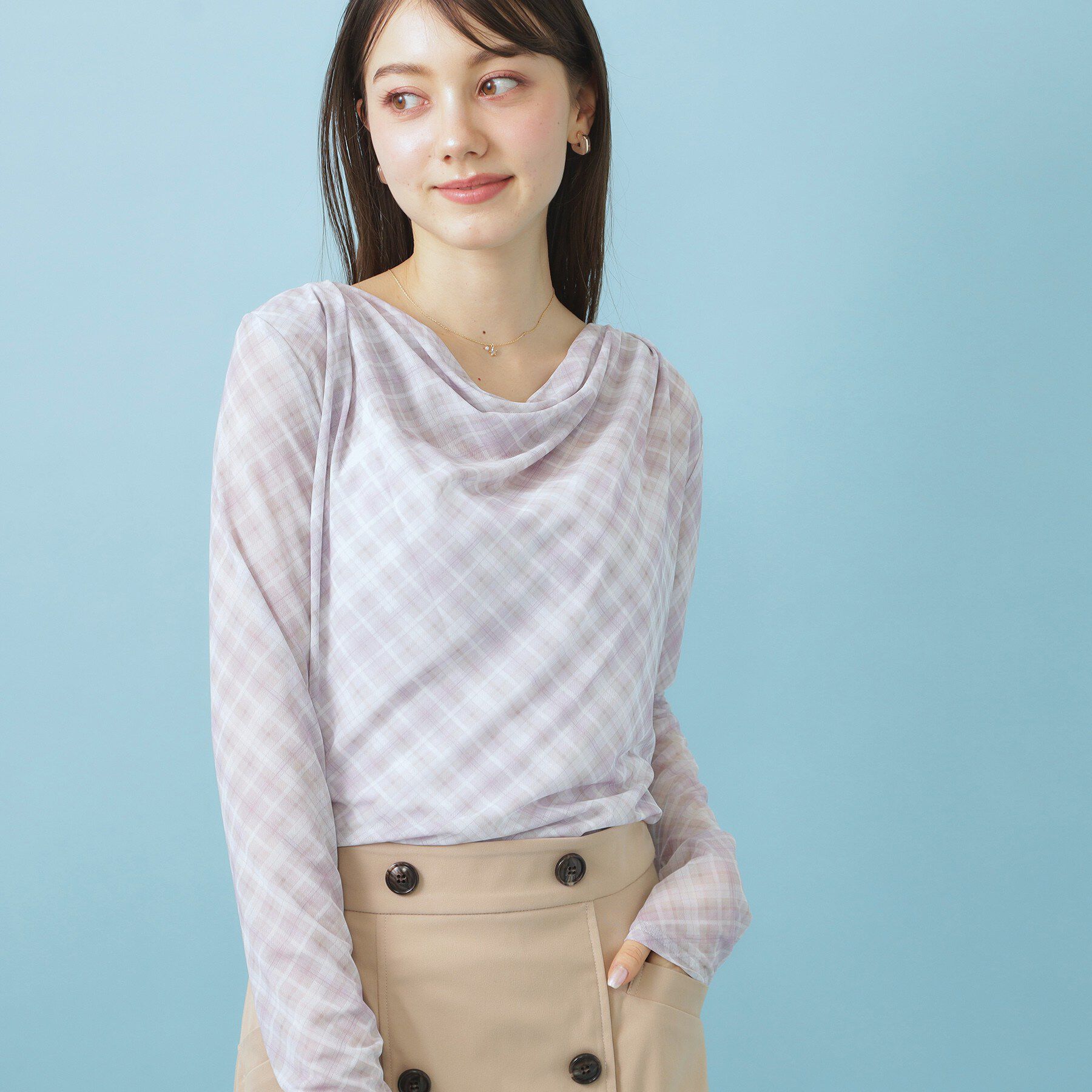 index「シアーチェックドレープネックトップス【洗濯機OK】」|Tシャツ・カットソー|ラベンダー(280)