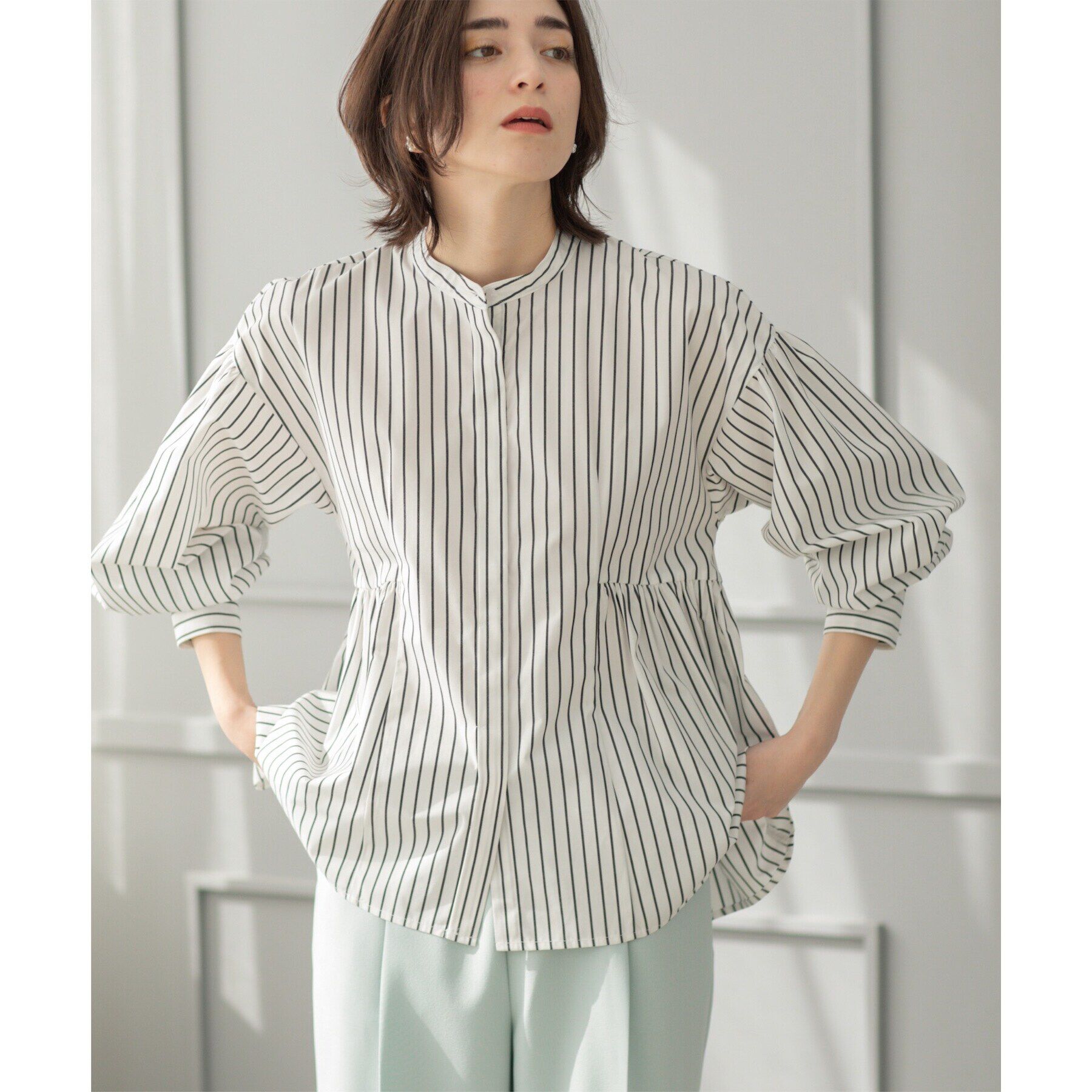 OPAQUE.CLIP「バンドカラーペプラムシャツ【洗濯機洗い可】」|シャツ・ブラウス|ホワイト(301)