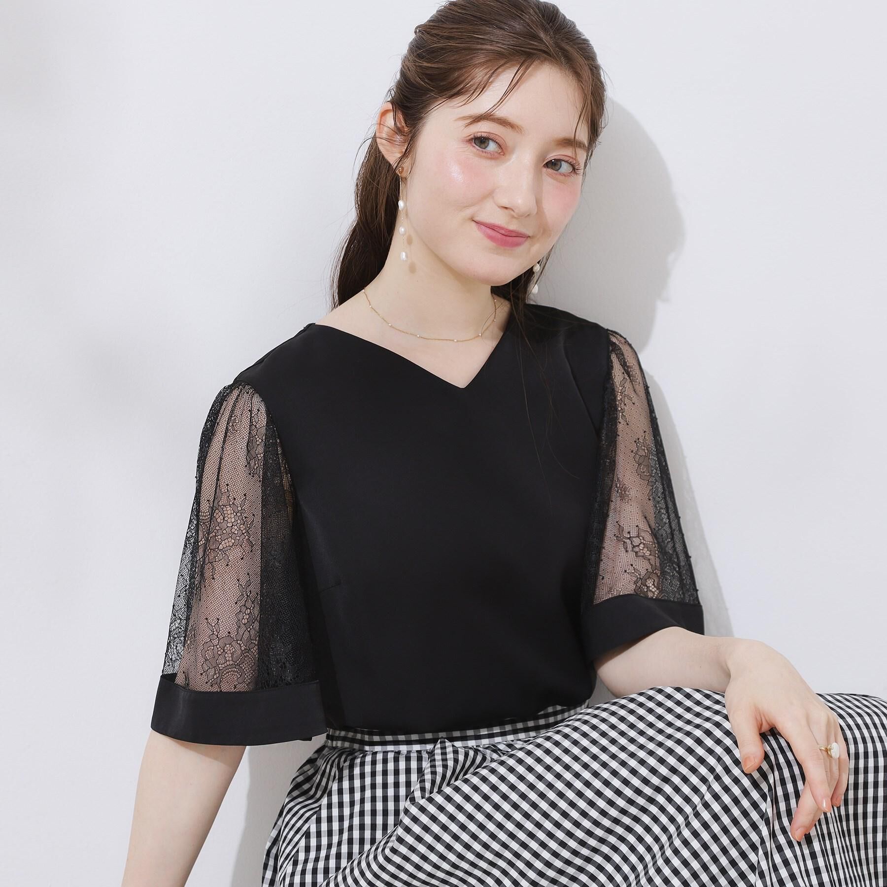 Couture broach「【マシンウォッシャブル・シアー・細見え】Vネック袖レースフレアブラウス」|シャツ・ブラウス|