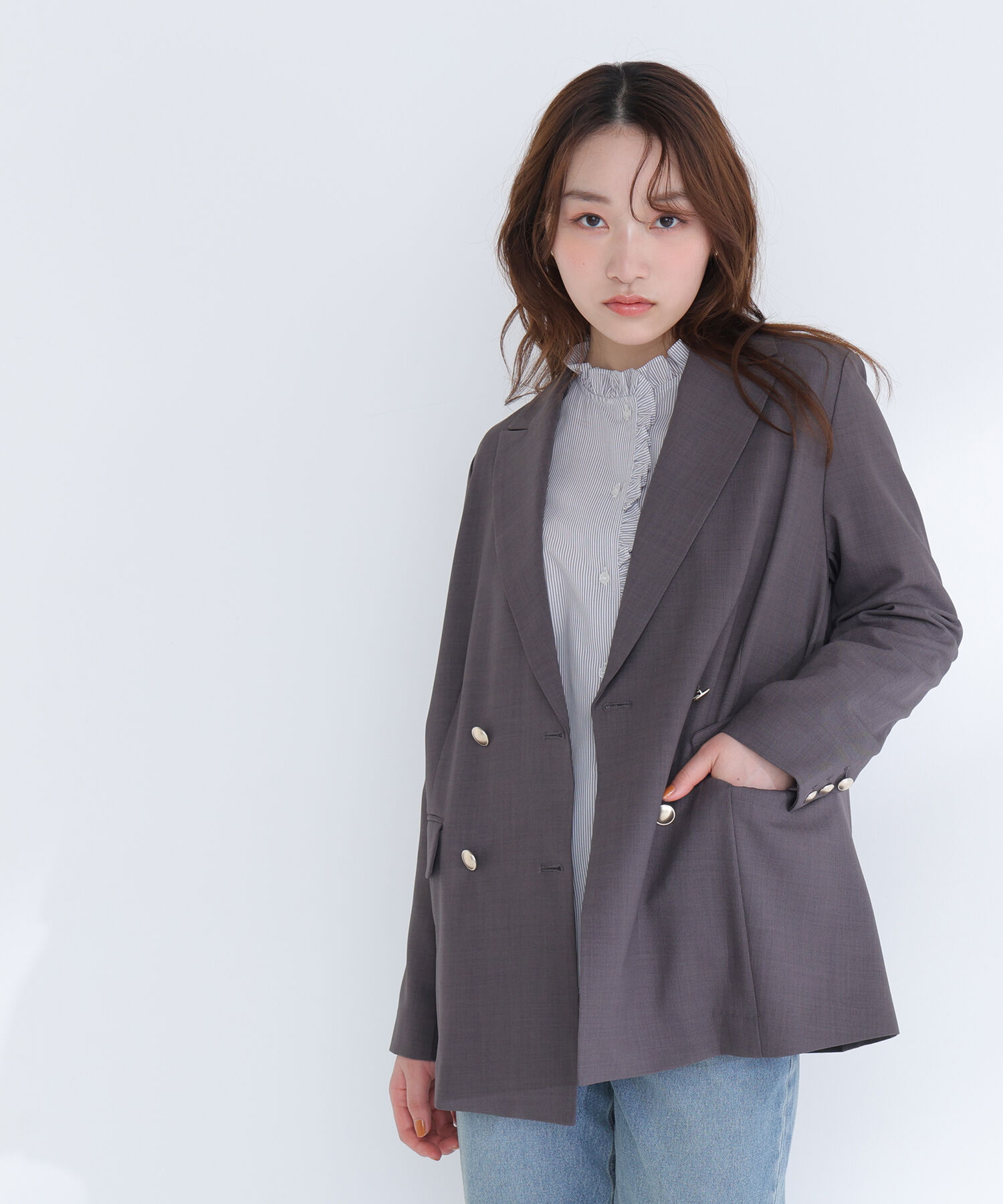  「リネンライクダブルブレストボクシージャケット」|ブルゾン・スタジャン|