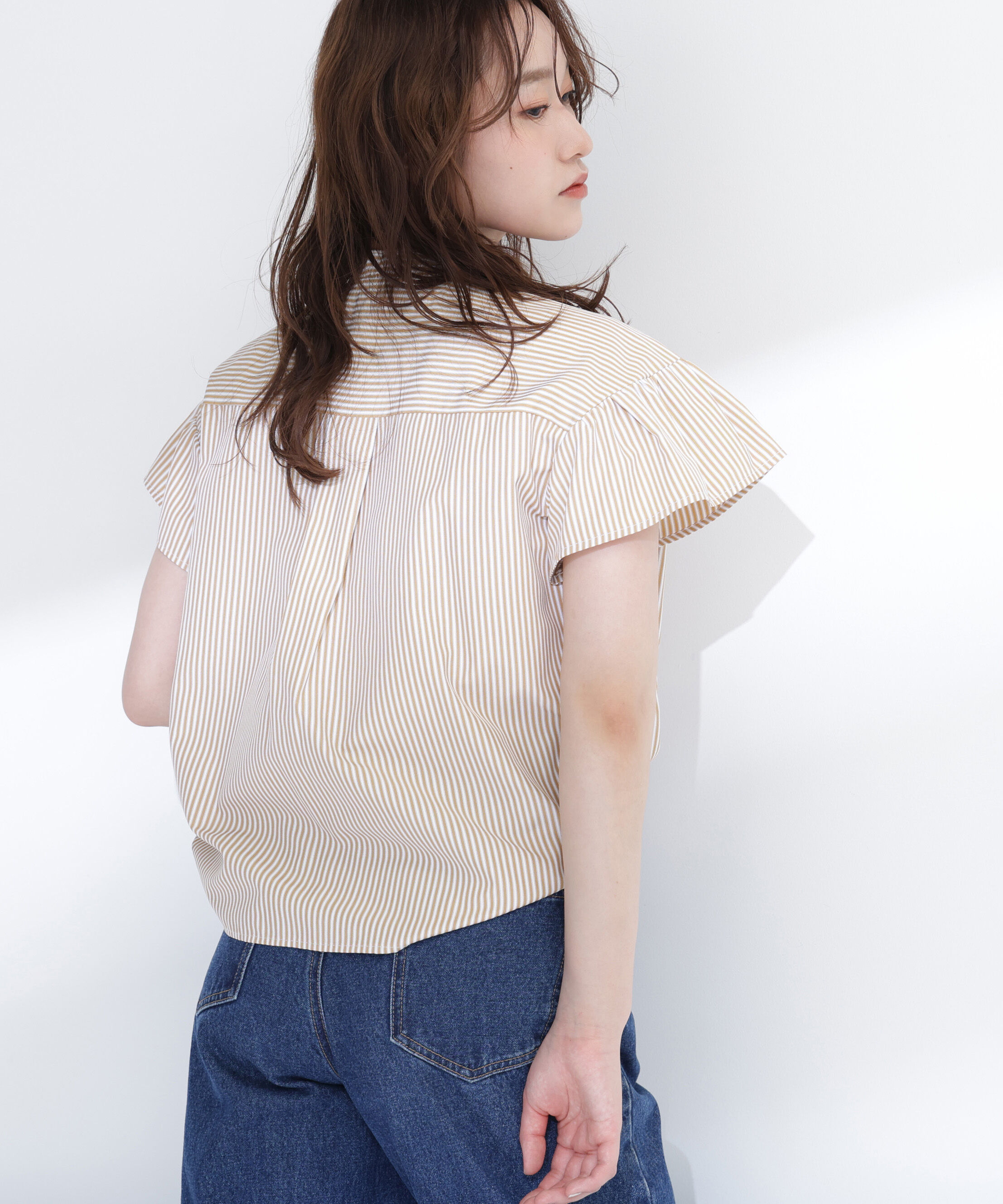  「ストライプフリルネックブラウス」|シャツ・ブラウス|