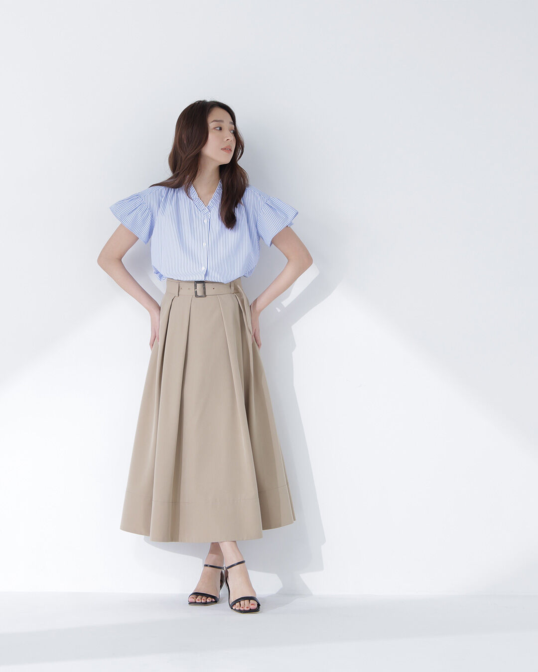  「ストライプフリルネックブラウス」|シャツ・ブラウス|