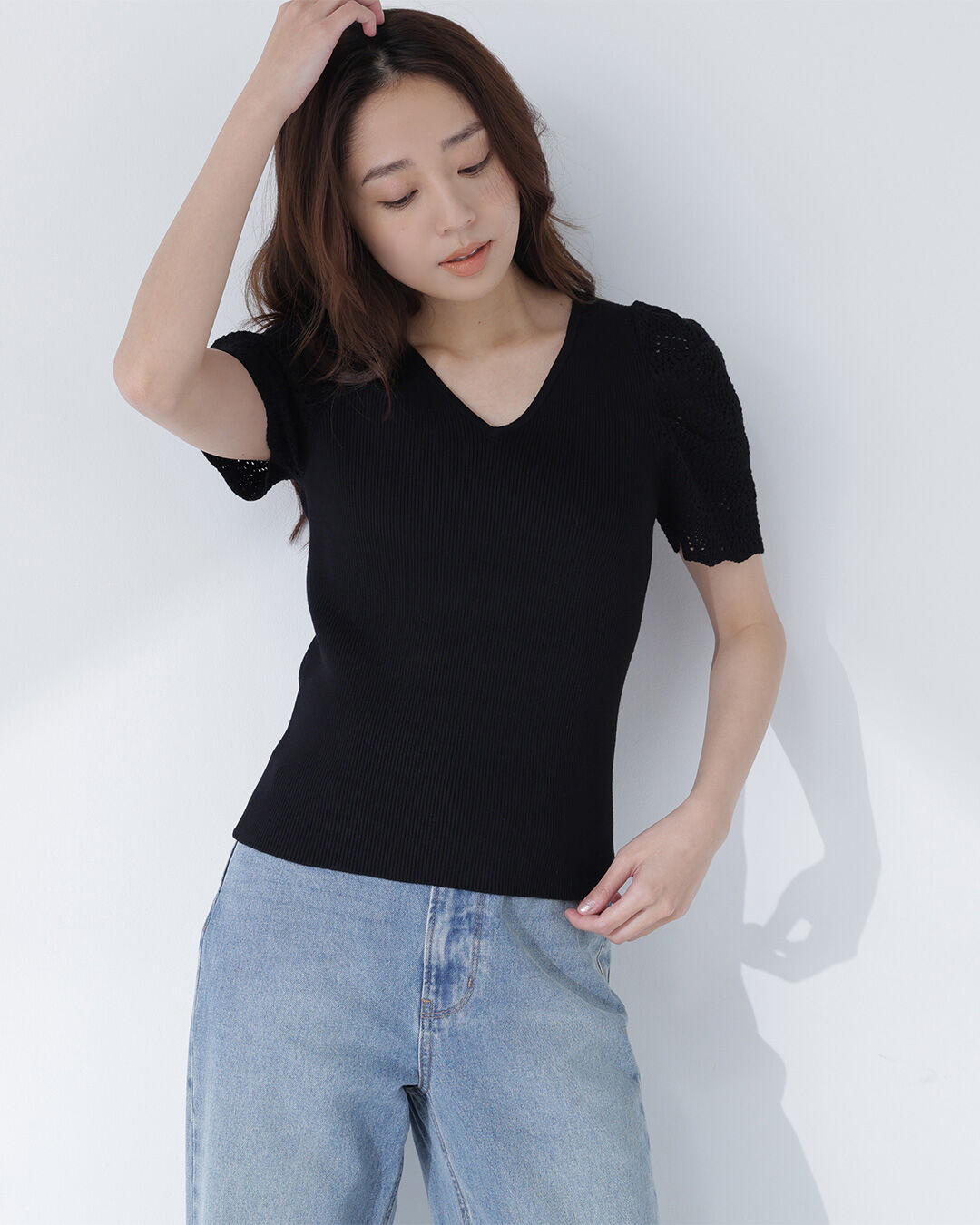  「柄編みスリーブニット」|ニット・セーター|ブラック