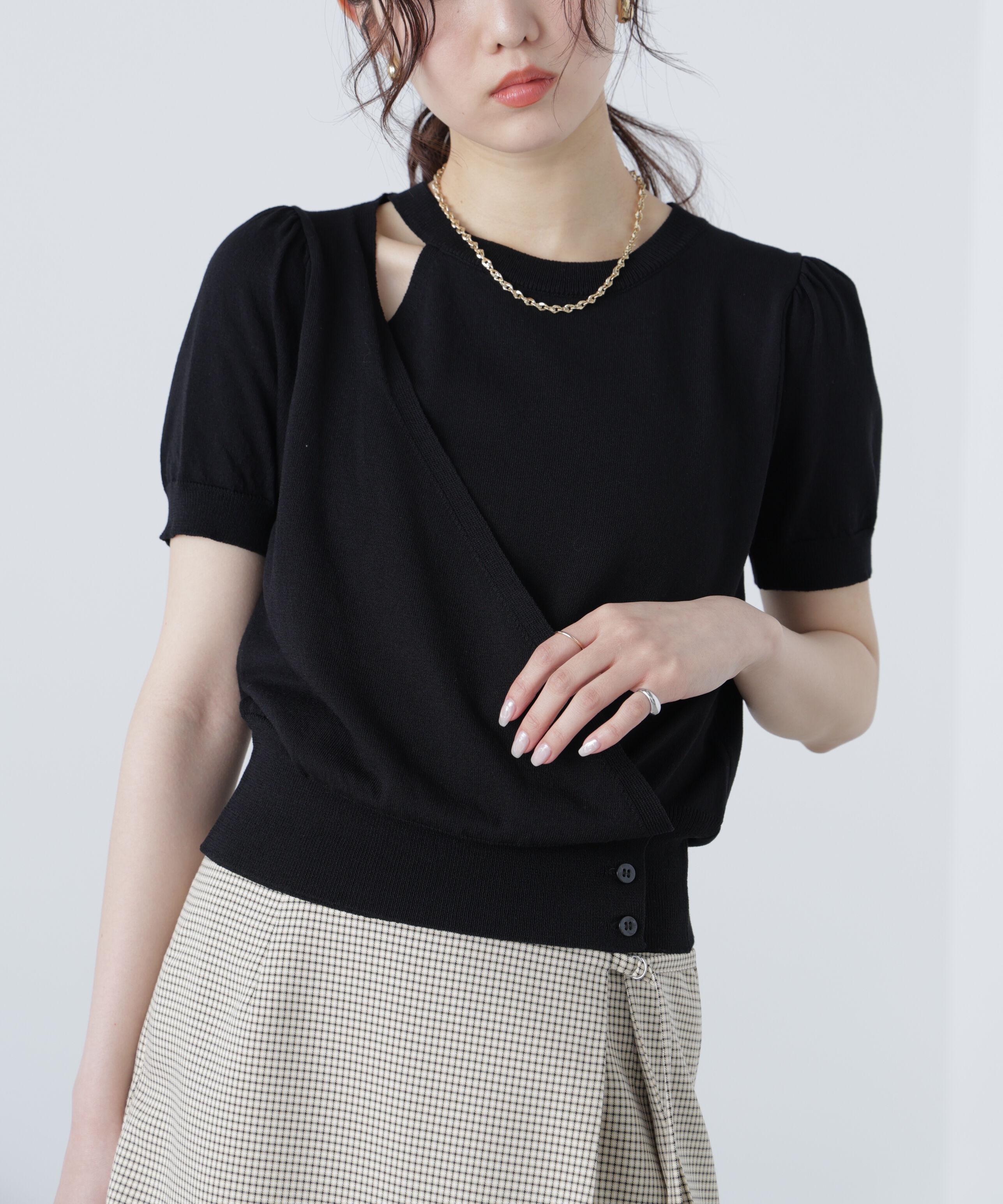  「キャミレイヤードカシュクール半袖ニット」|ニット・セーター|