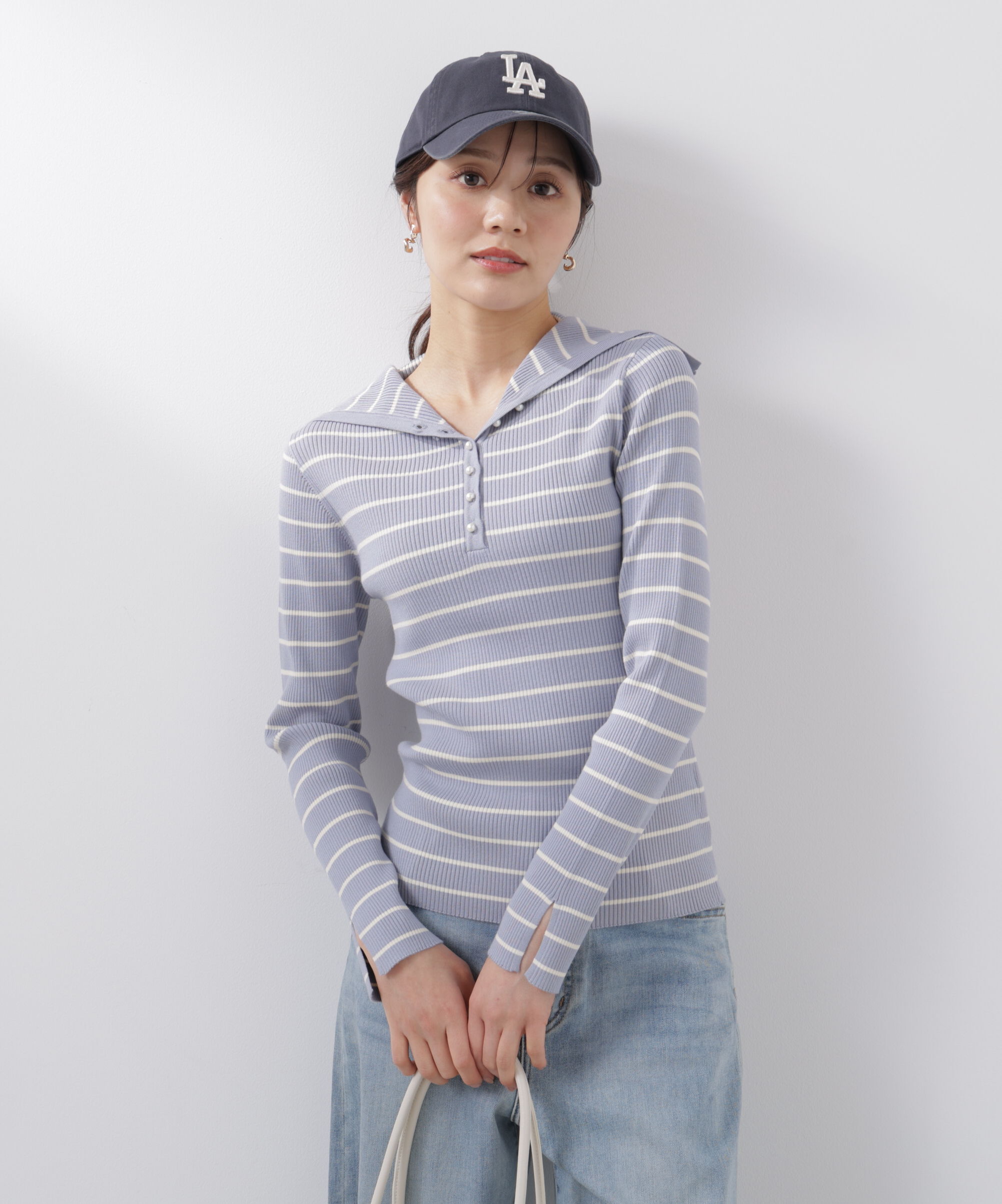 PROPORTION BODY DRESSING「〈a/mie〉ビッグカラーリブニット　　26SS」|カーディガン|ブルー&times;エクリ