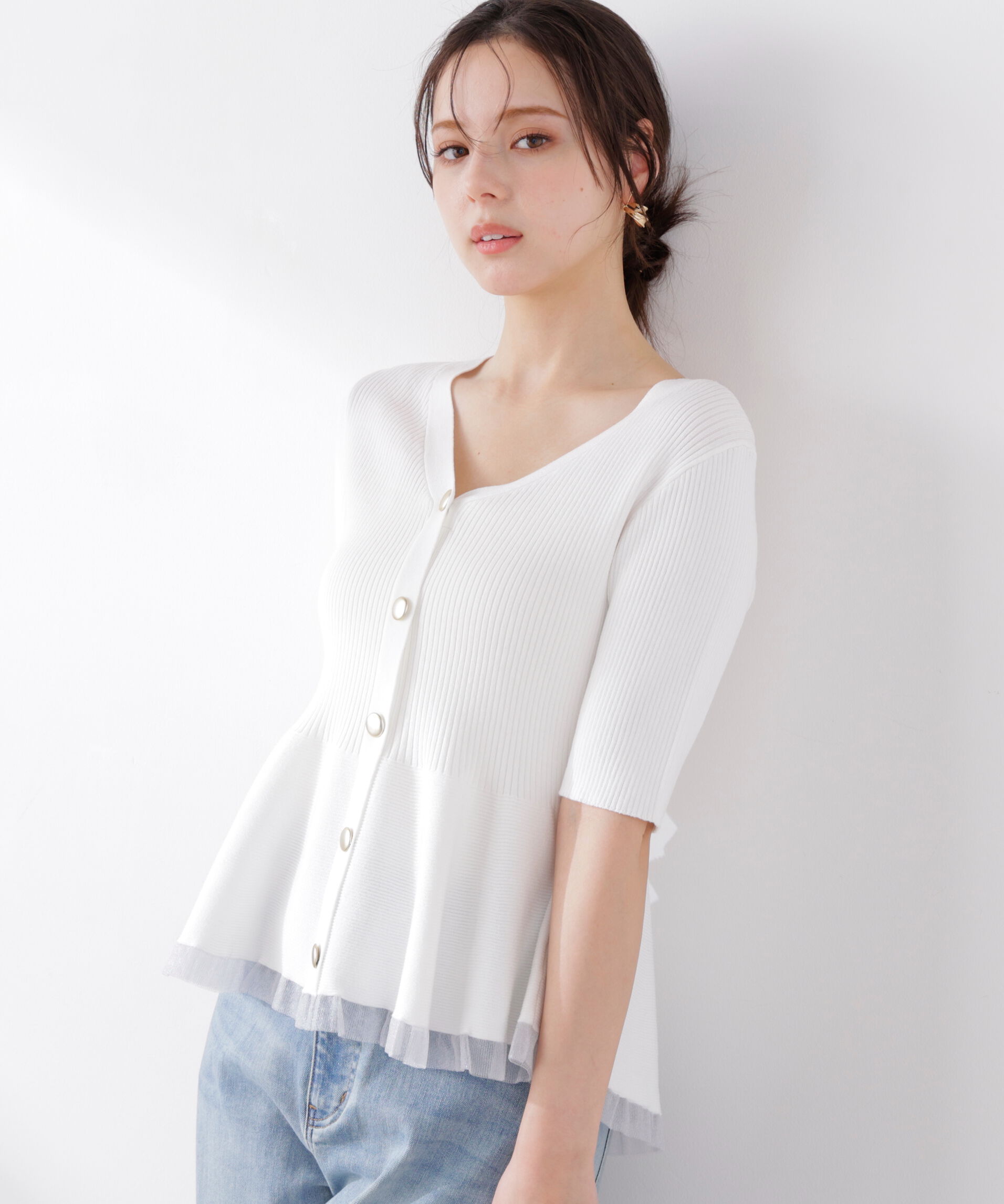 PROPORTION BODY DRESSING「部分シアーペプラムニット　26SS」|ニット・セーター|ホワイト&times;グレ