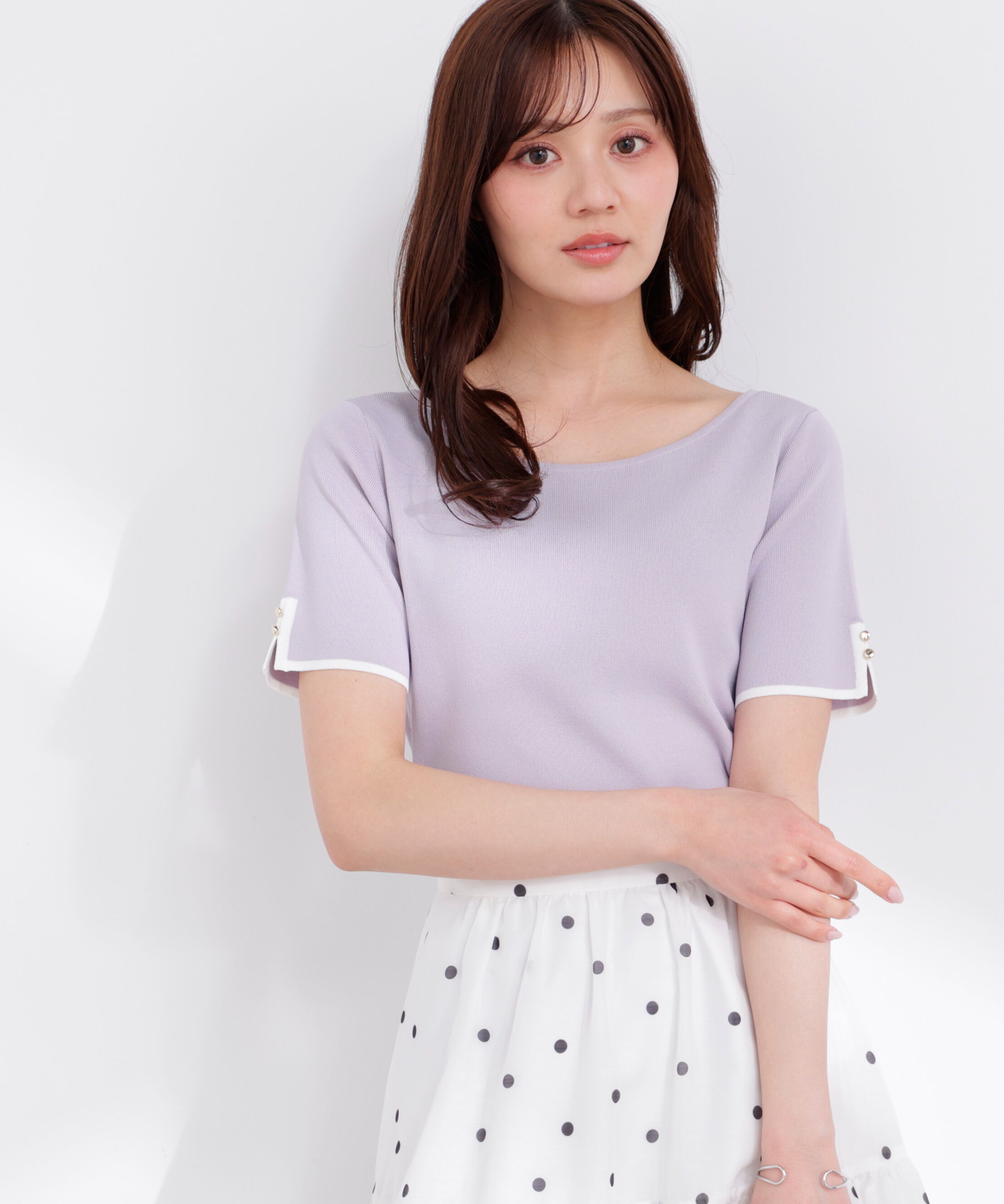 PROPORTION BODY DRESSING「5分袖ベーシックニット 26SS」|ニット・セーター|グレー&times;ホワ  1