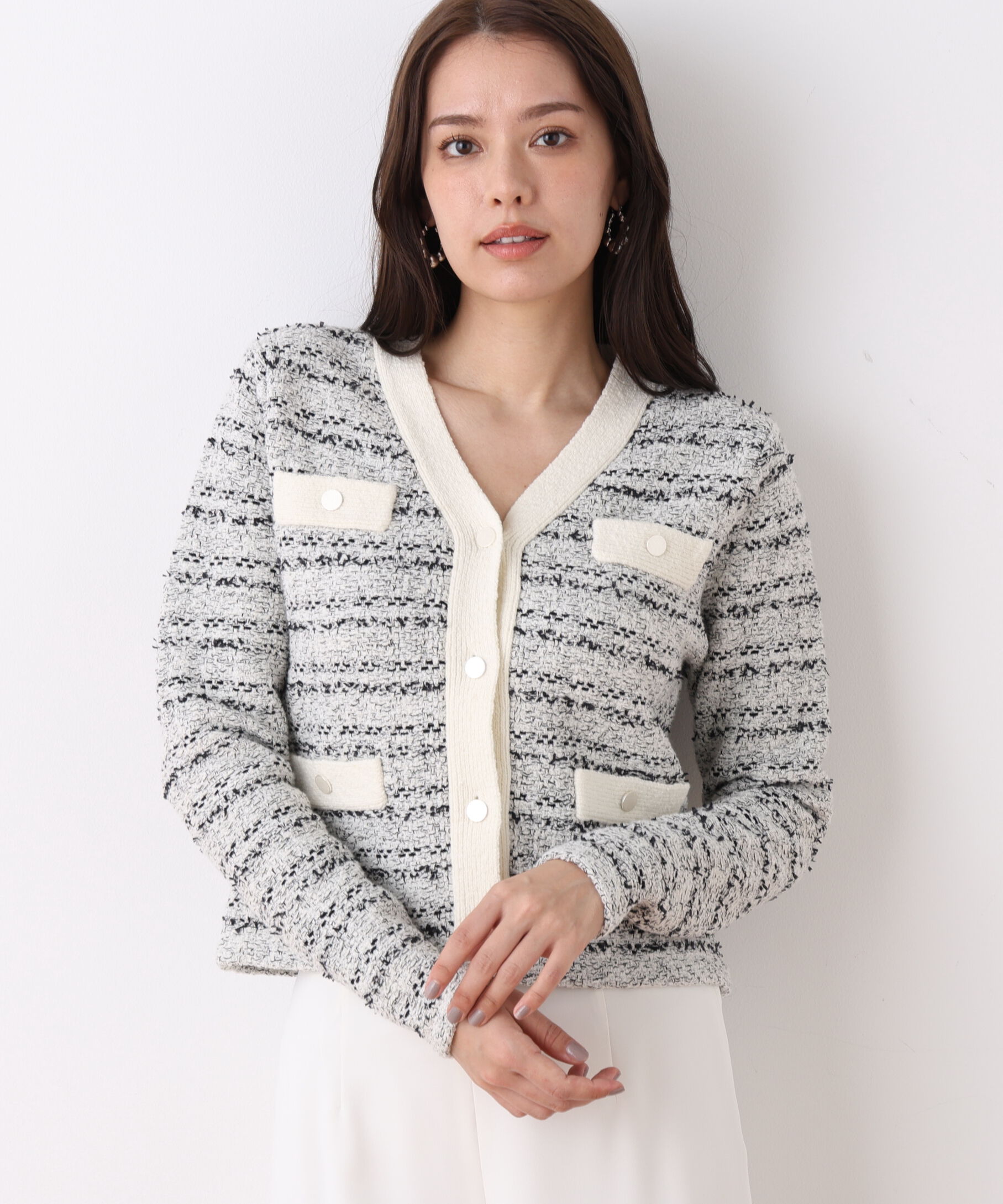  「ブークレーツイードＶネックカーディガン」|その他|ホワイト