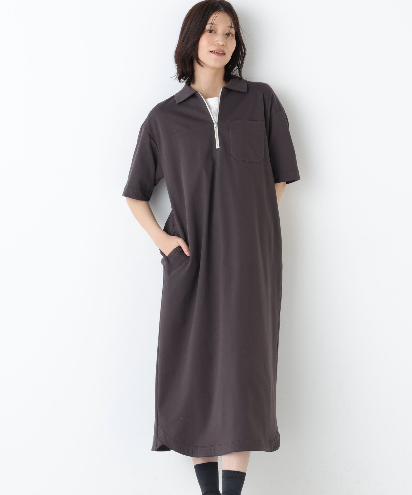 「◆ハーフジップカットソーワンピース」|ワンピース|チャコールグ 1