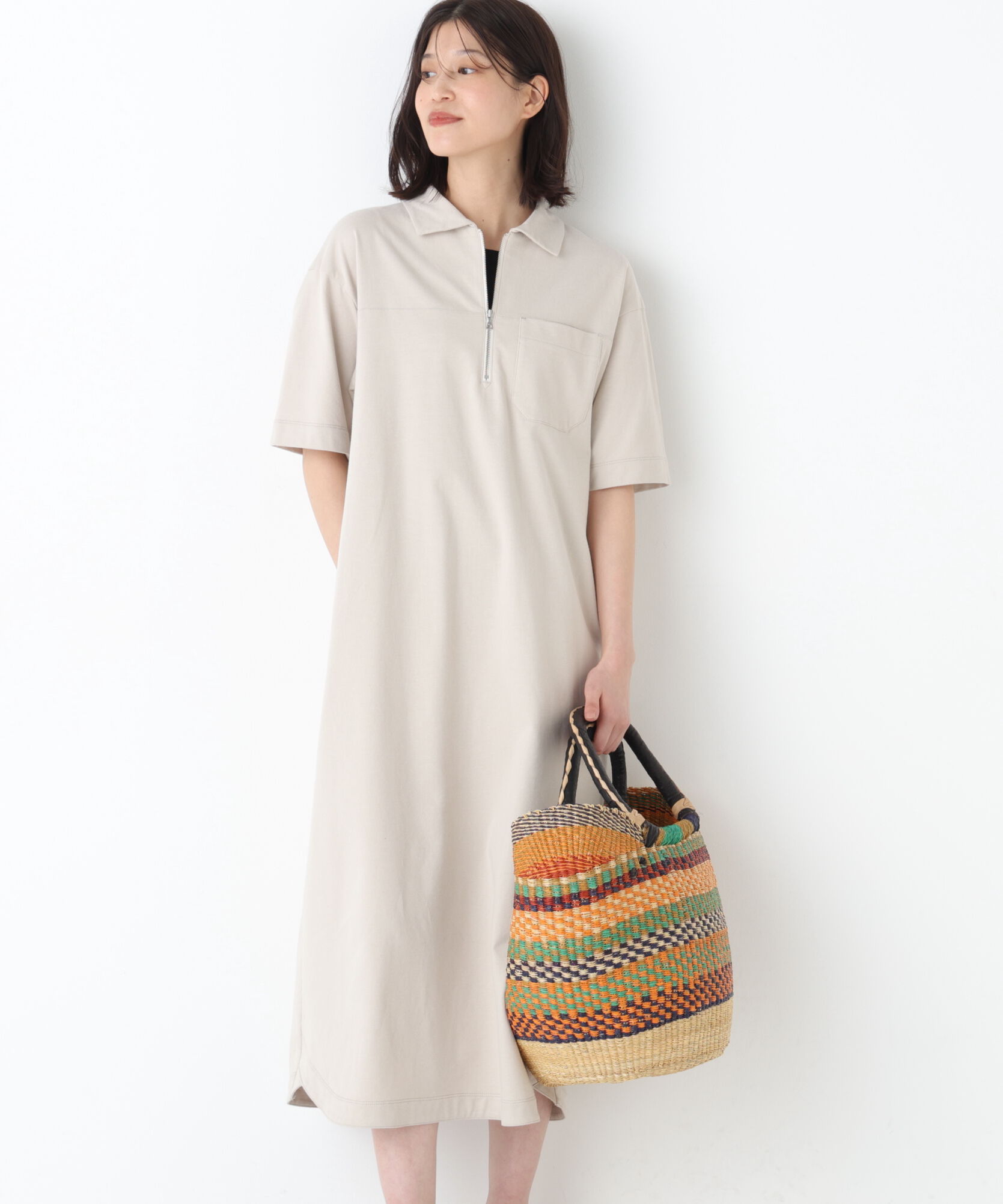  「◆ハーフジップカットソーワンピース」|ワンピース|ベージュ