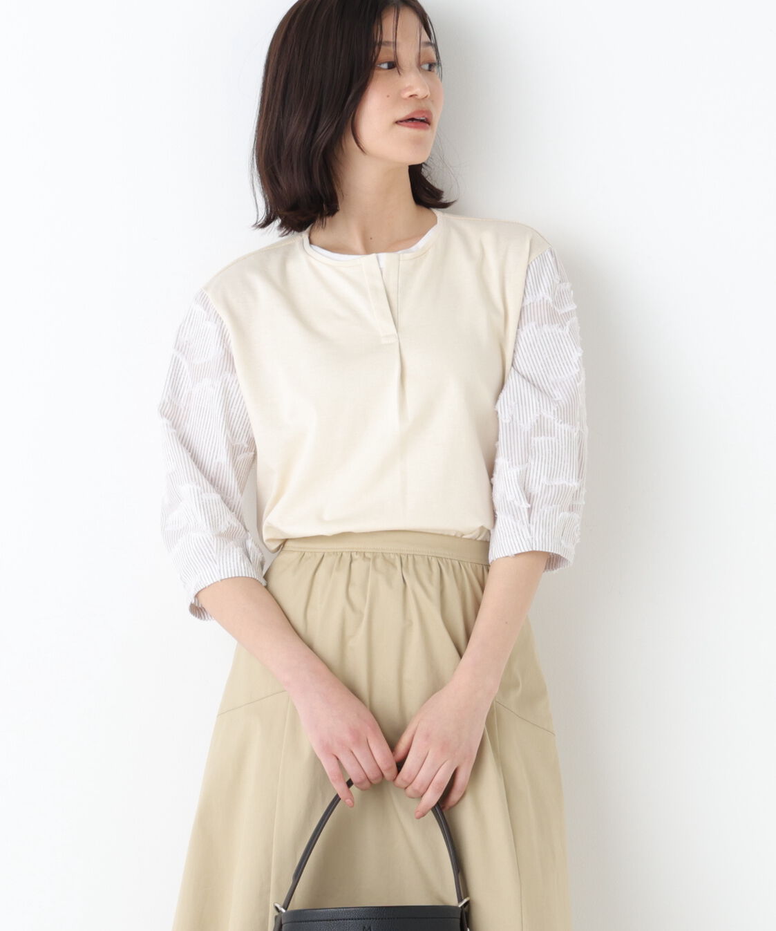  「◆カットジャガードストライプトップス」|Tシャツ・カットソー|ベージュ