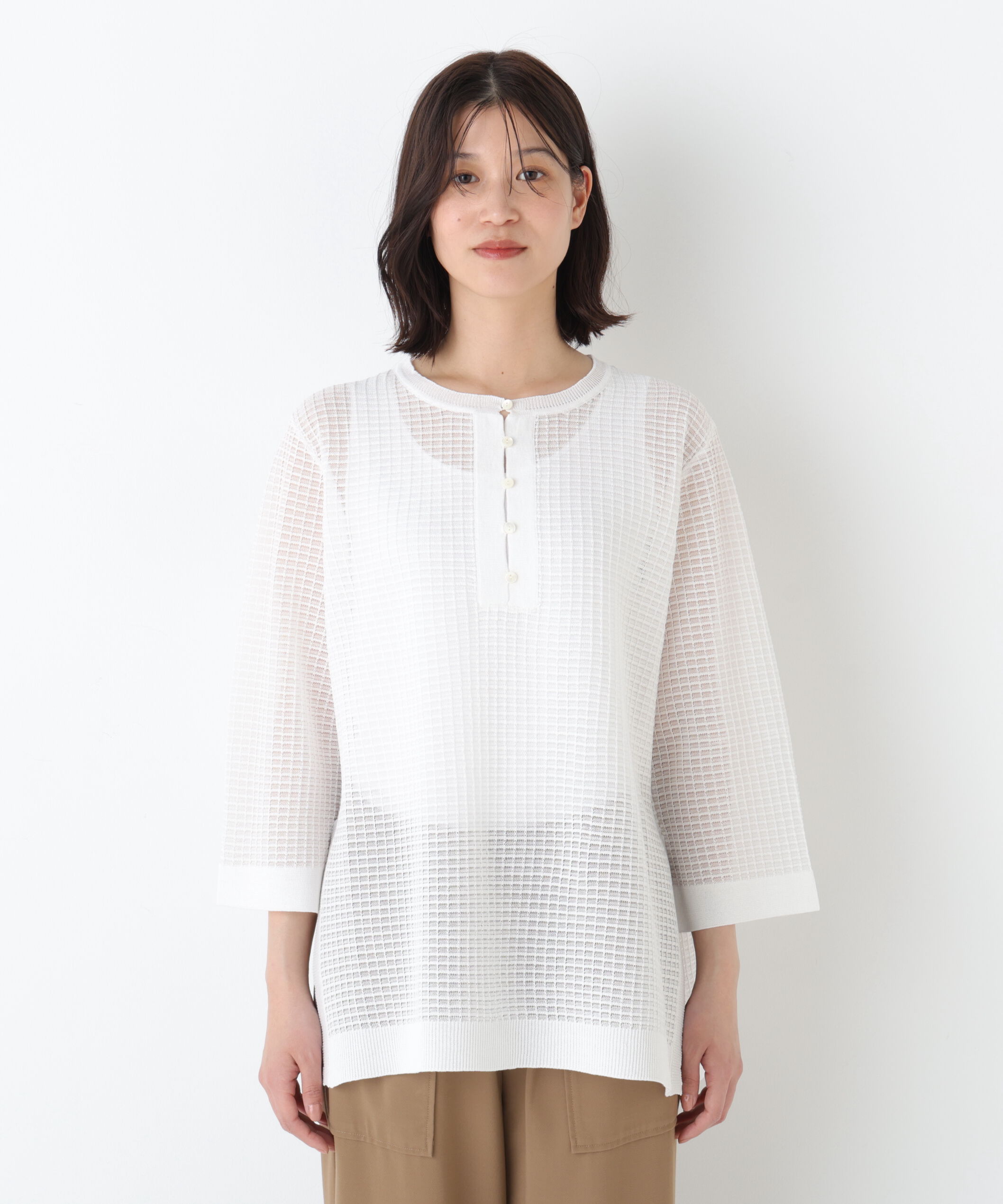  「◆コットンポリエステルシアーチェックチュニックプルオーバー」|ニット・セーター|