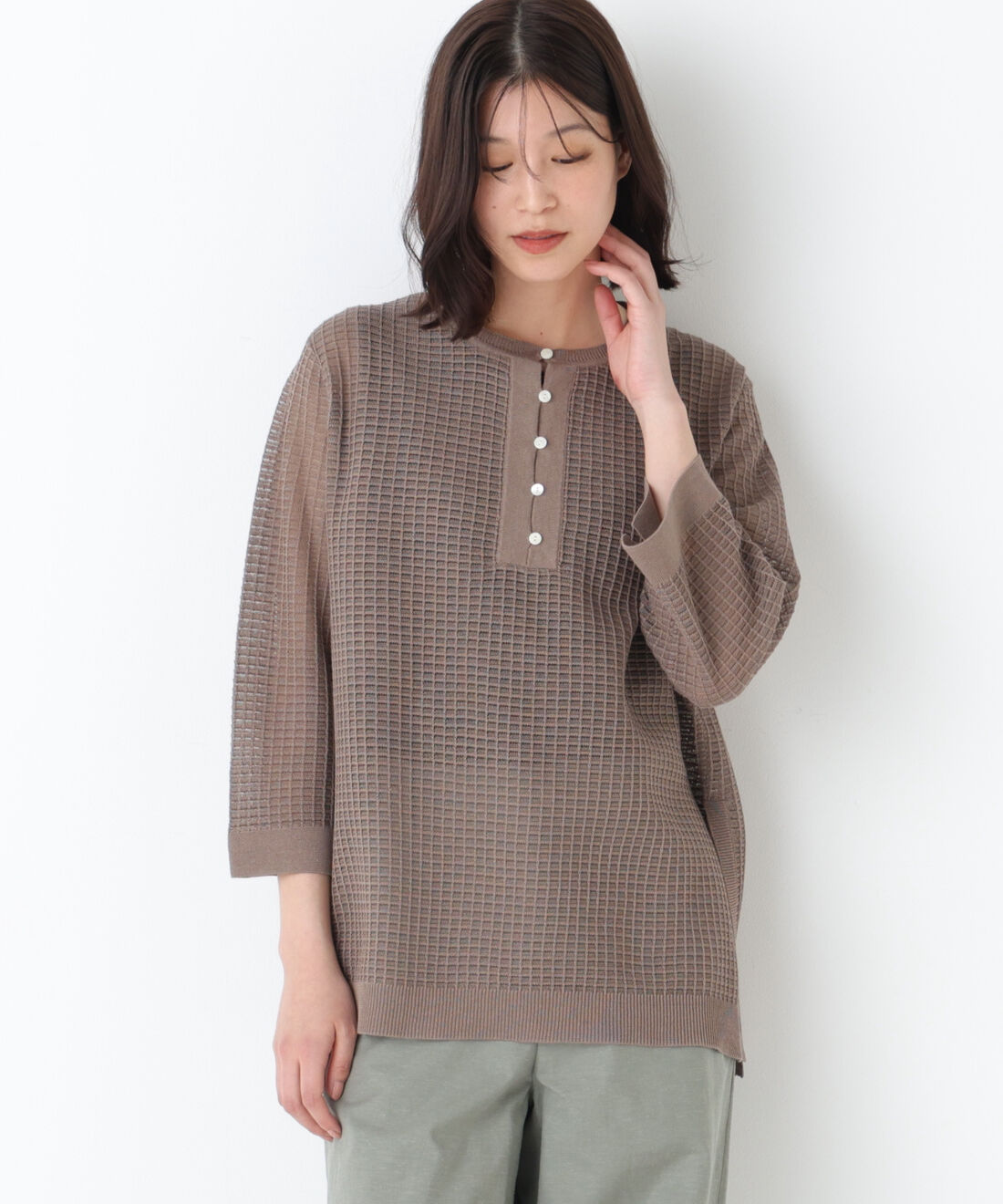  「◆コットンポリエステルシアーチェックチュニックプルオーバー」|ニット・セーター|