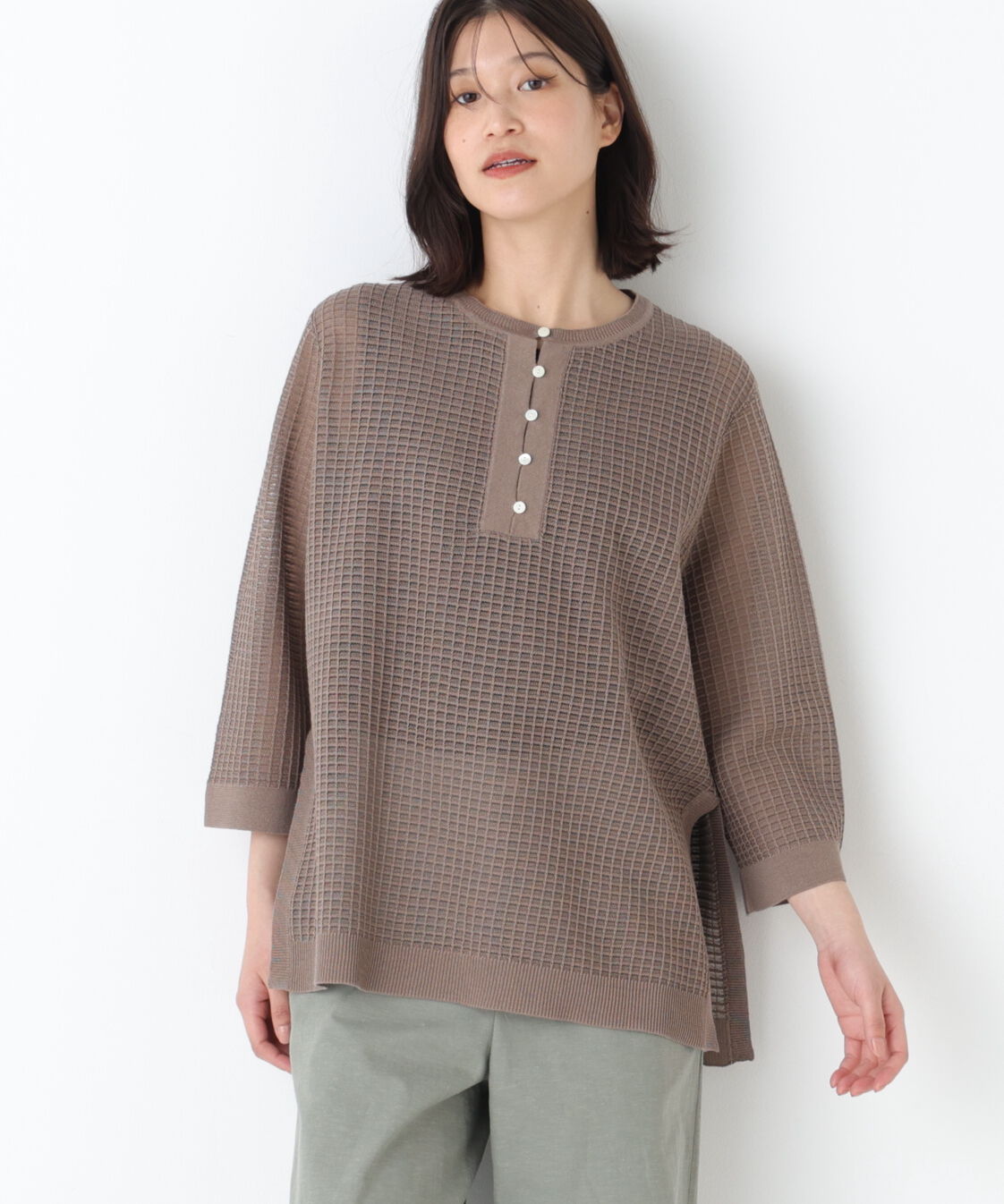  「◆コットンポリエステルシアーチェックチュニックプルオーバー」|ニット・セーター|