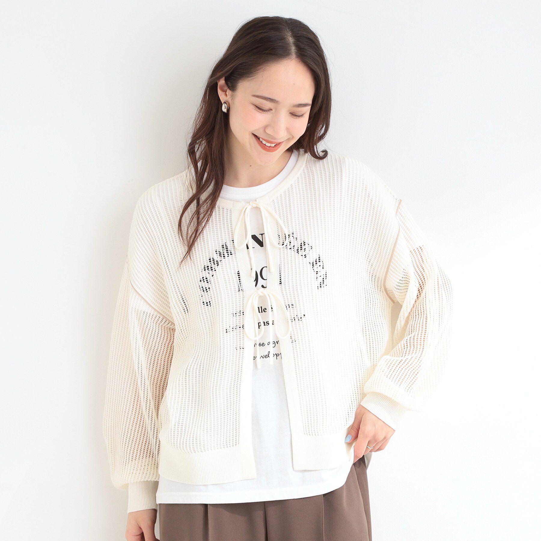 SHOO･LA･RUE「【前後2WAY/2点セット/洗濯機可/S-LL】メッシュリボンニット＆半袖ロゴT」|その他|