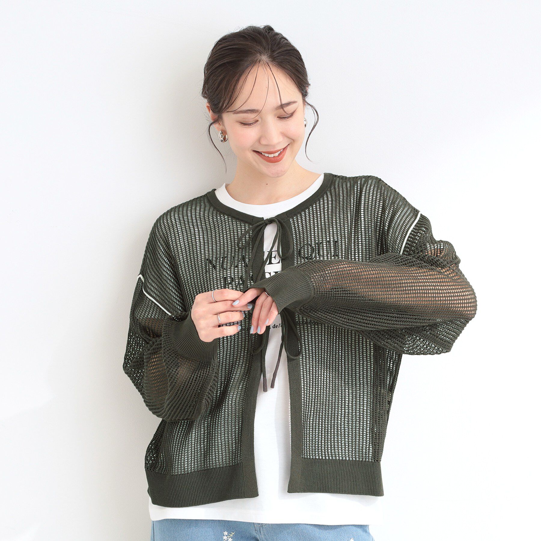 SHOO･LA･RUE「【前後2WAY/2点セット/洗濯機可/S-LL】メッシュリボンニット＆半袖ロゴT」|その他|