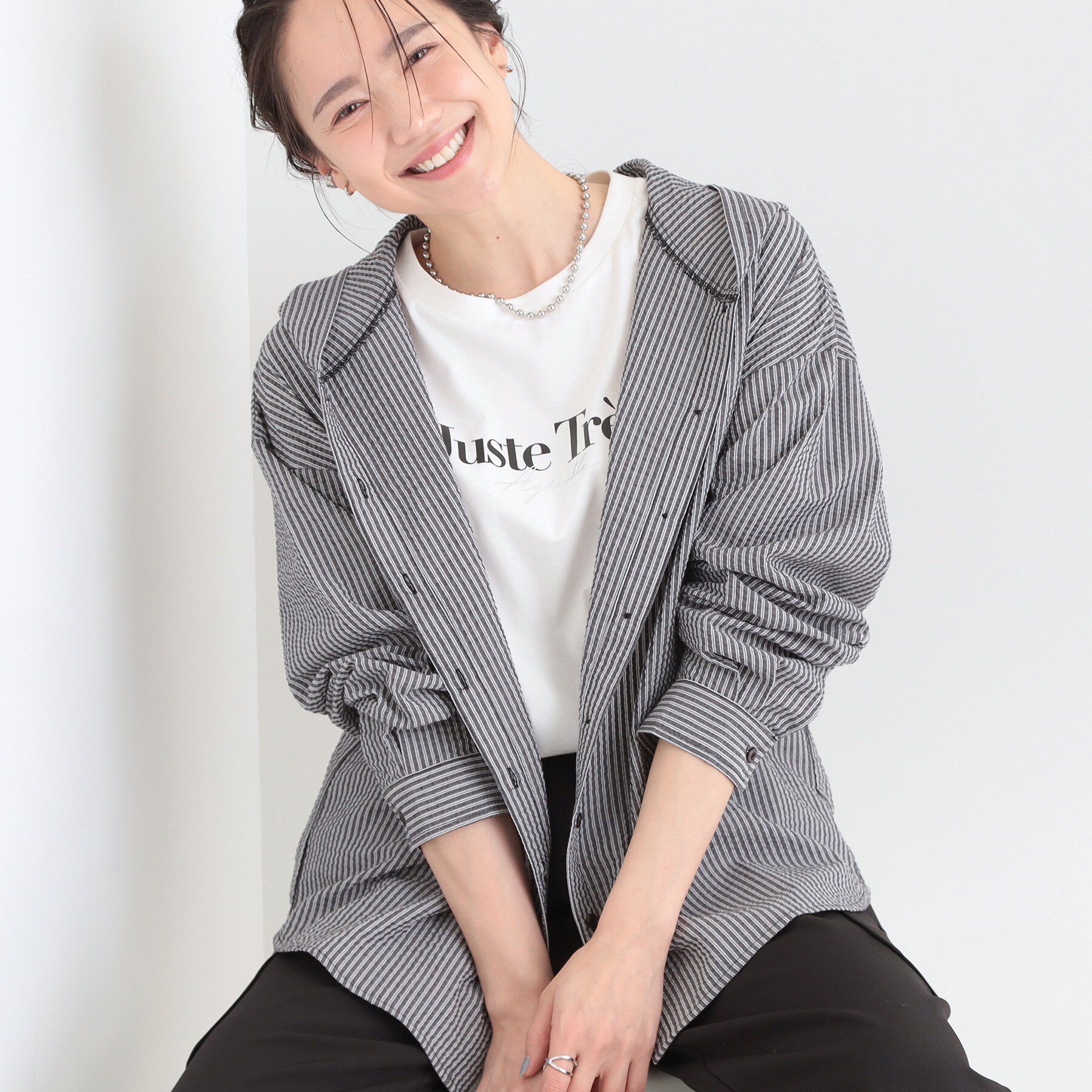 SHOO･LA･RUE「【洗濯機可/S-LL】体型カバーも叶う フード付きストライプシャツ」|シャツ・ブラウス|ブラック(319)