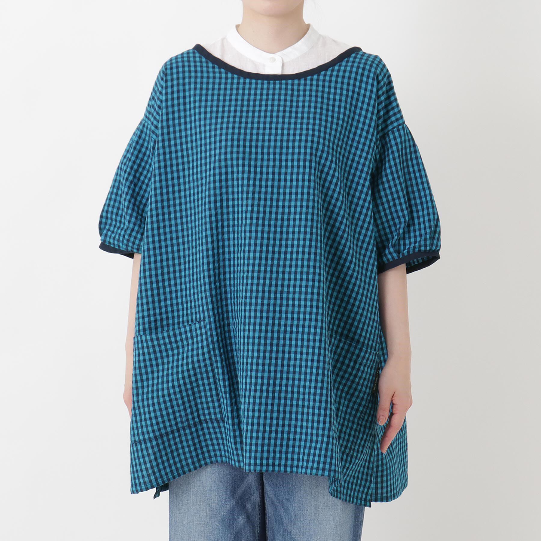 212 KITCHEN STORE「ギンガムサッカー半袖かっぽう着 BL」|食器・キッチングッズ|