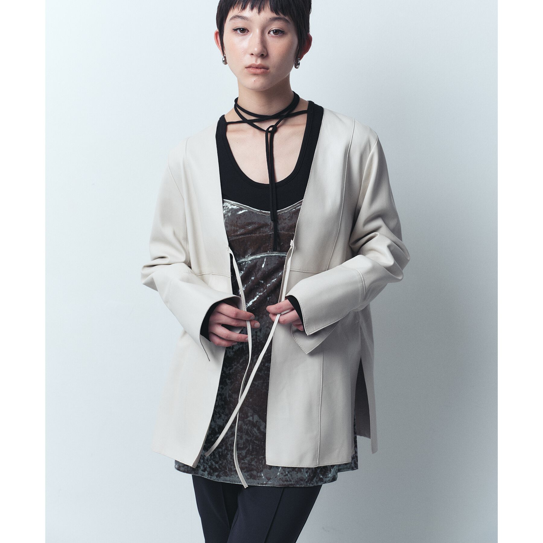 CODE A「front ribbon leather jacket」|ノーカラージャケット|オフホワイト(003