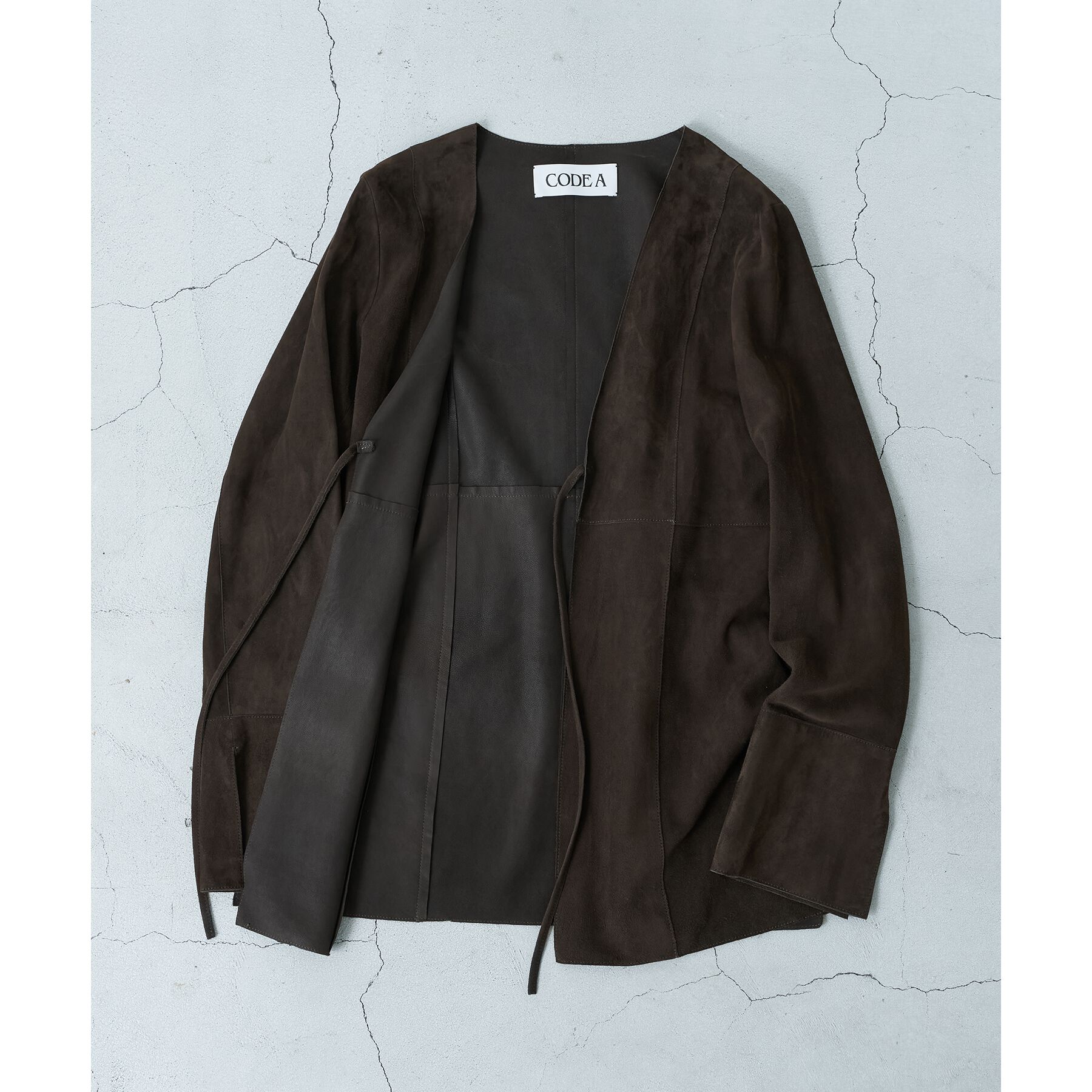 CODE A「front ribbon leather jacket」|ノーカラージャケット|