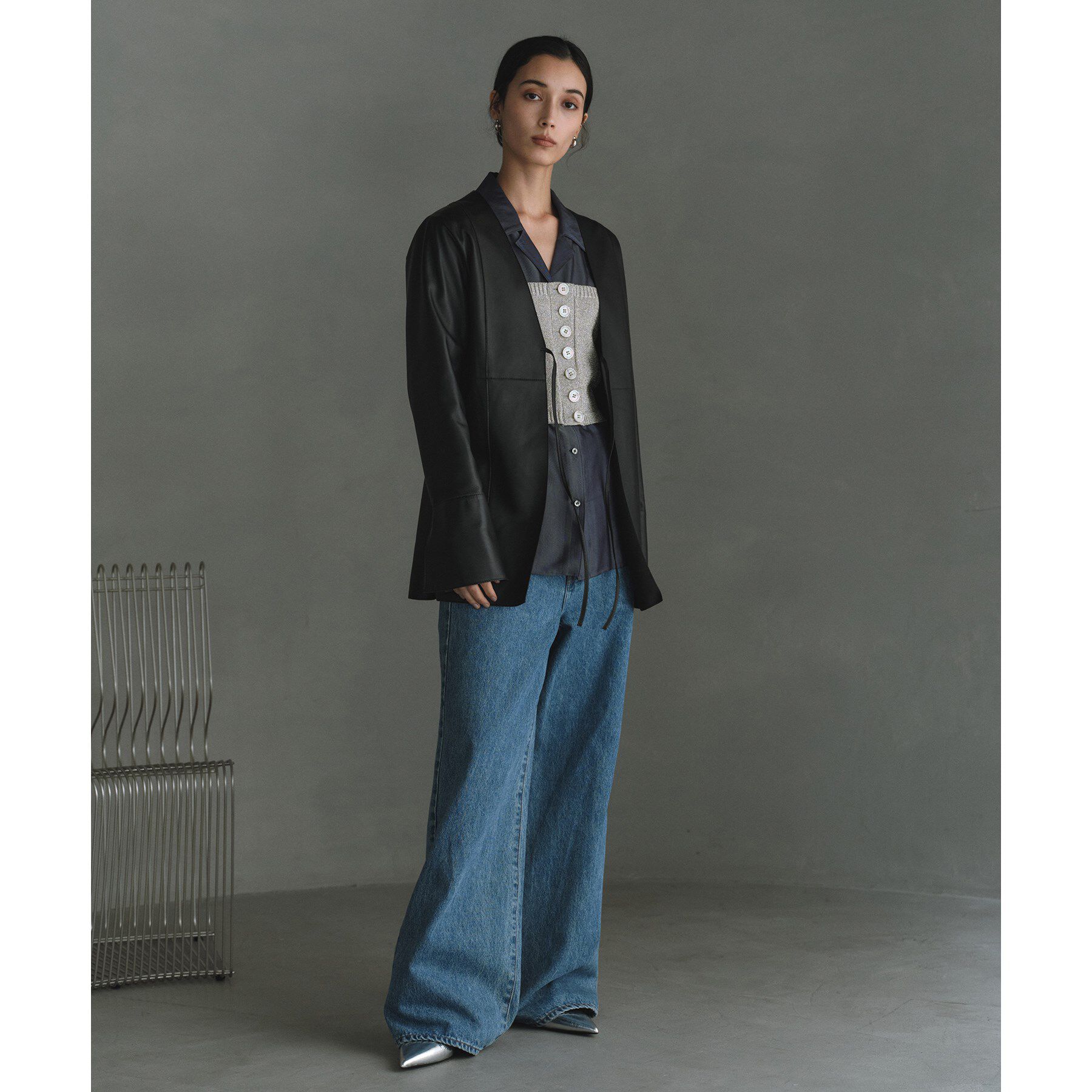 CODE A「front ribbon leather jacket」|ノーカラージャケット|