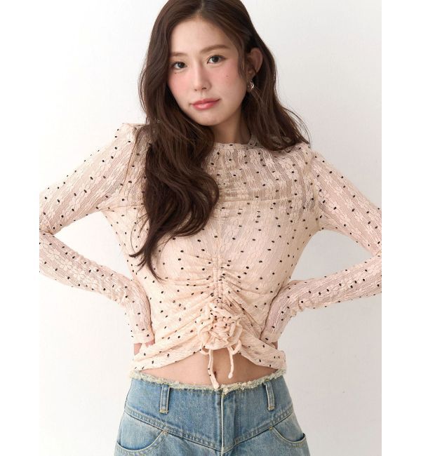 CALNAMUR「ドットフラワージャカードトップス」|Tシャツ・カットソー|ピンク