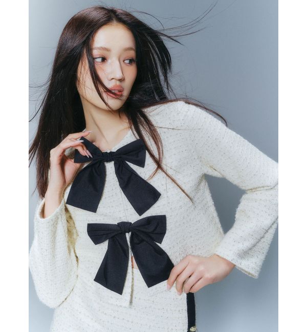 CALNAMUR「カットラメツイードリボンジャケット」|ノーカラージャケット|