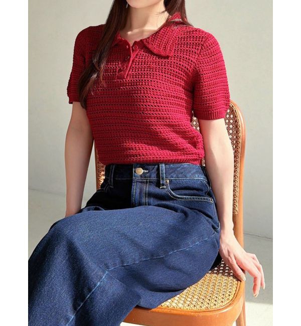 RESEXXY「透かし編みニットポロ」|ニット・セーター|レッド