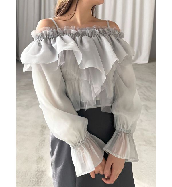 MERCURYDUO「オフショルラッフルブラウス」|シャツ・ブラウス|ミントグリーン