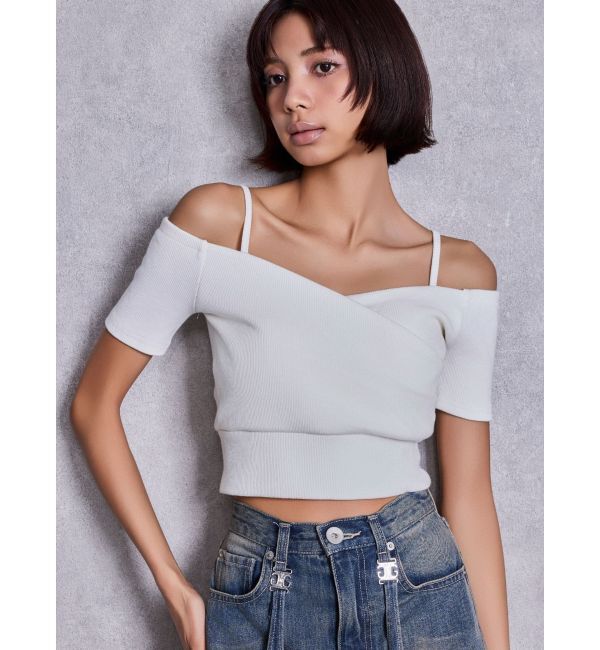 GYDA「ハーフスリーブカシュクールオフショルショートトップス」|Tシャツ・カットソー|オフホワイト