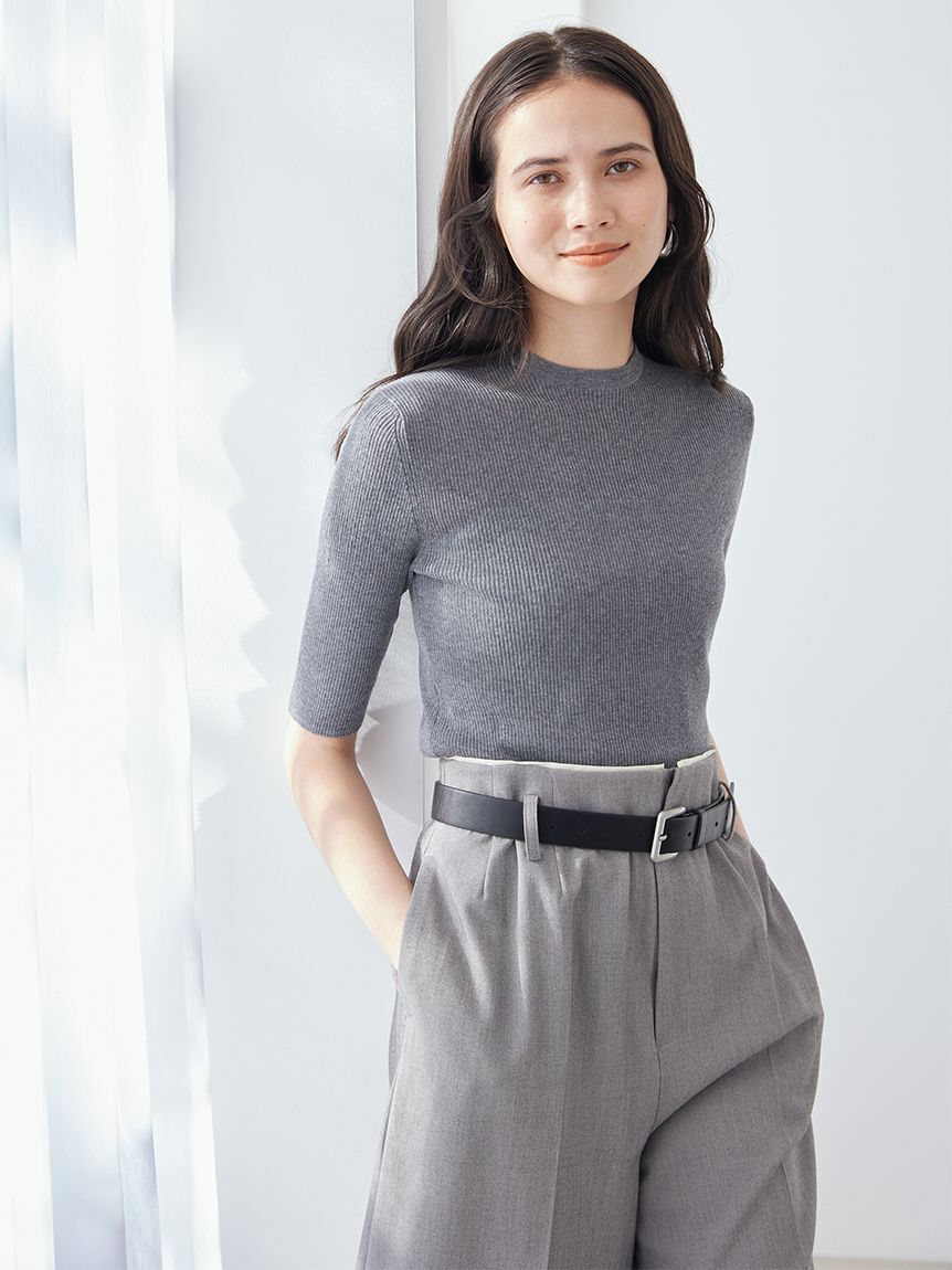 Mila Owen「ＵＶケア半袖シアーリブニット」|ニット・セーター|GRY