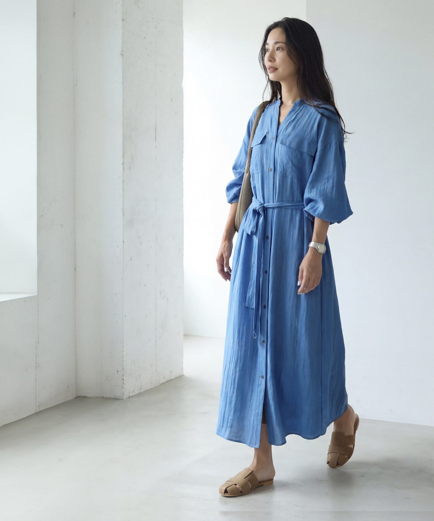 STYLE DELI「綿麻混紡ベルテッドシャツワンピース」|ワンピース|ブルー