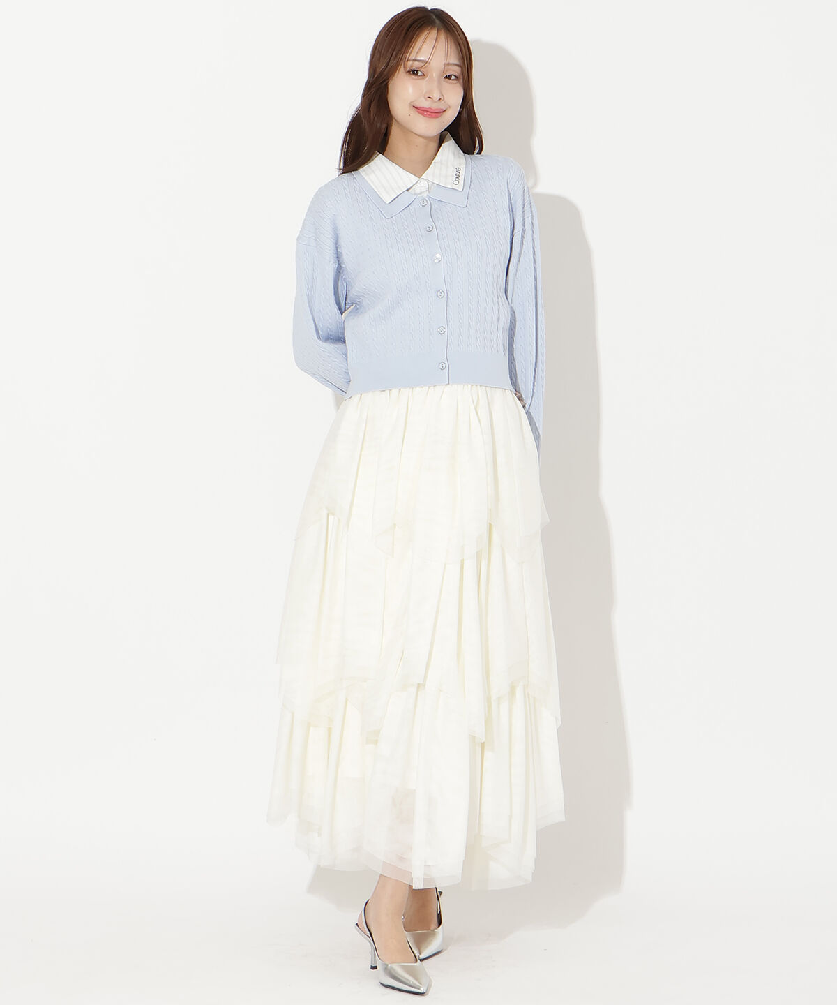 アンドクチュール「シャツレイヤード風ケーブルカーディガン」|カーディガン|