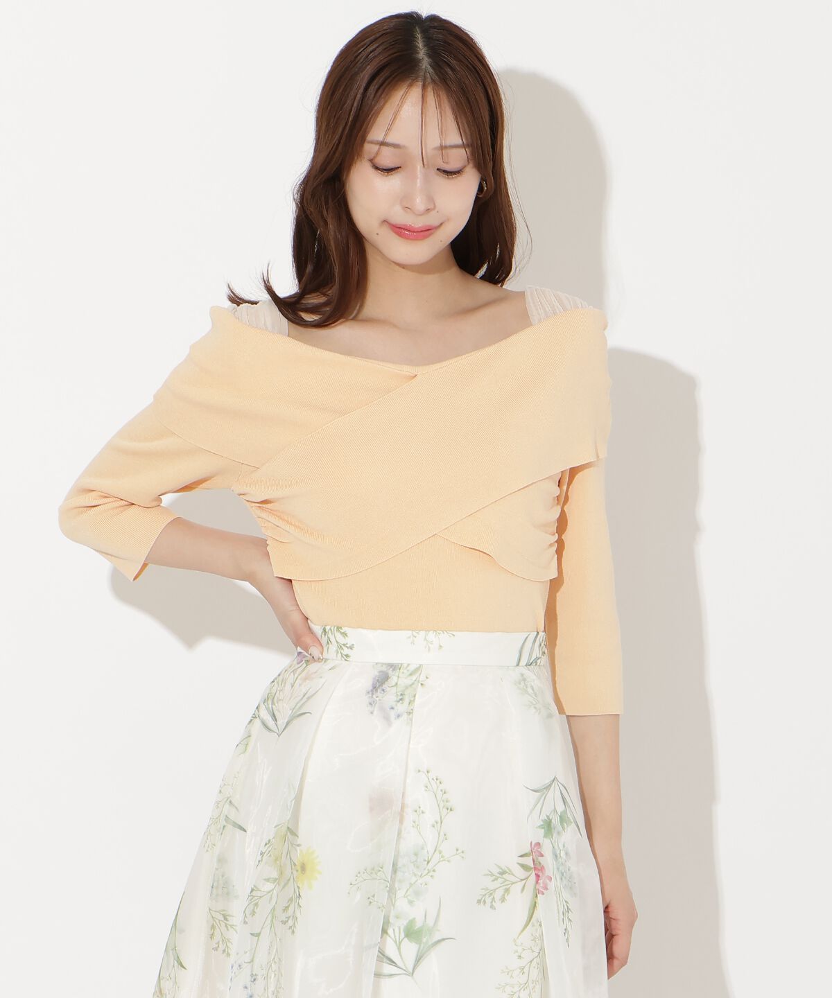 アンドクチュール「7分袖クロスネックニットプルオーバー」|ニット・セーター|