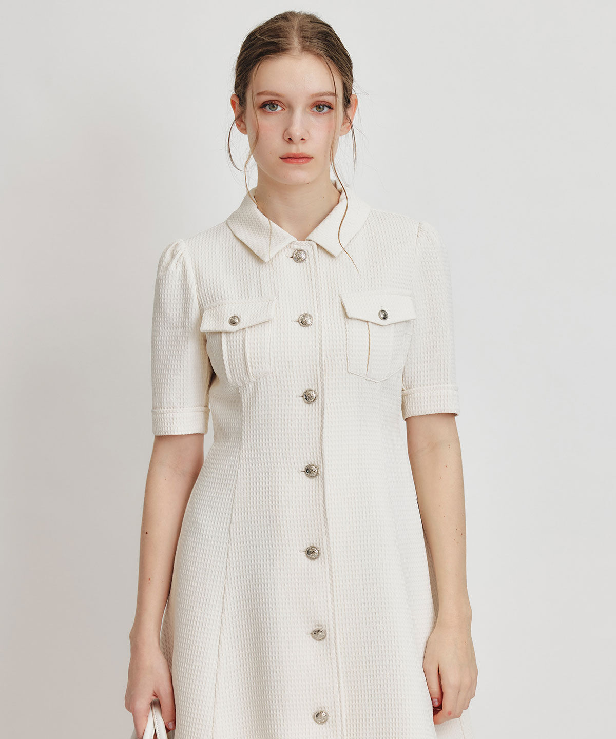REDYAZEL「エンブレムボタンワッフルミニシャツワンピース」|ワンピース|